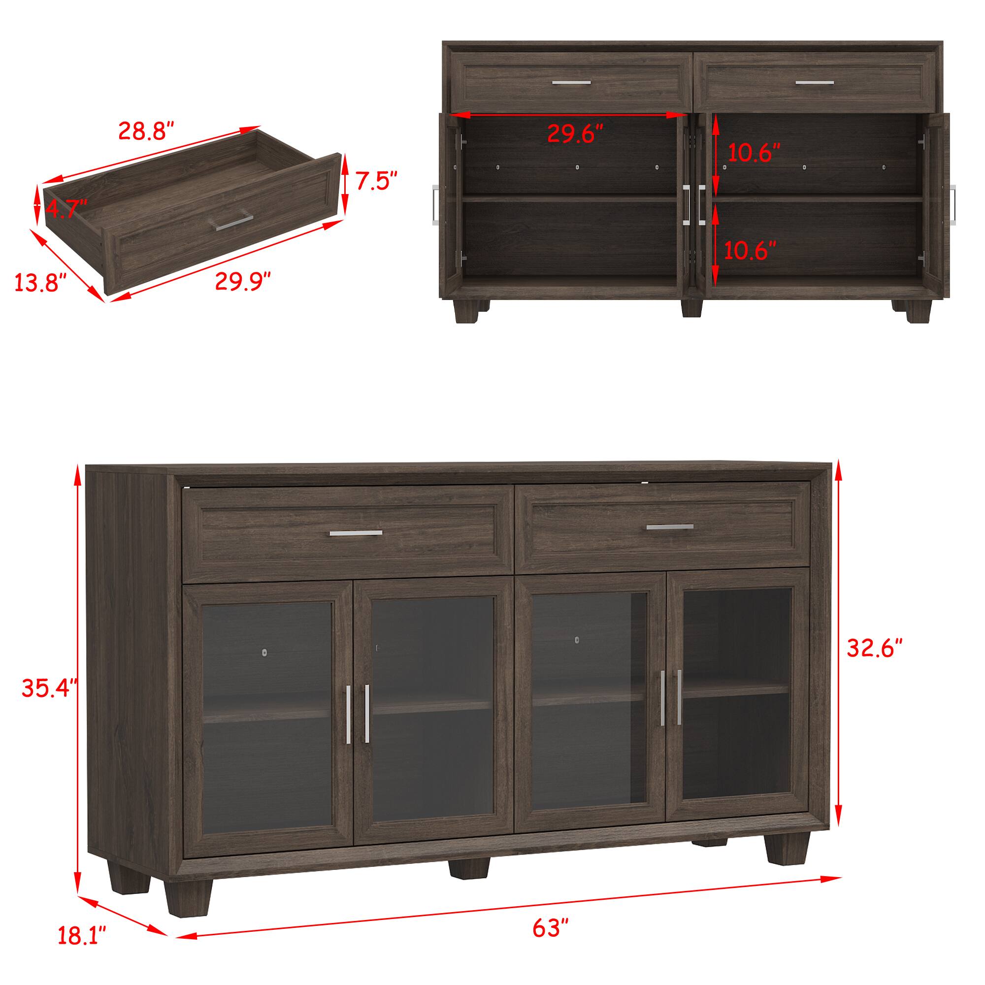 The text can be grouped as follows:

- Width: 63"
- Height: 35.4"
- Depth: 18.1"
- Drawer: 13.8" x 28.8" x 7.5"
- Shelves: 29.6" x 10.6" x 10.6"
- Glass doors: 32.6" x 10.6" x 10.6"