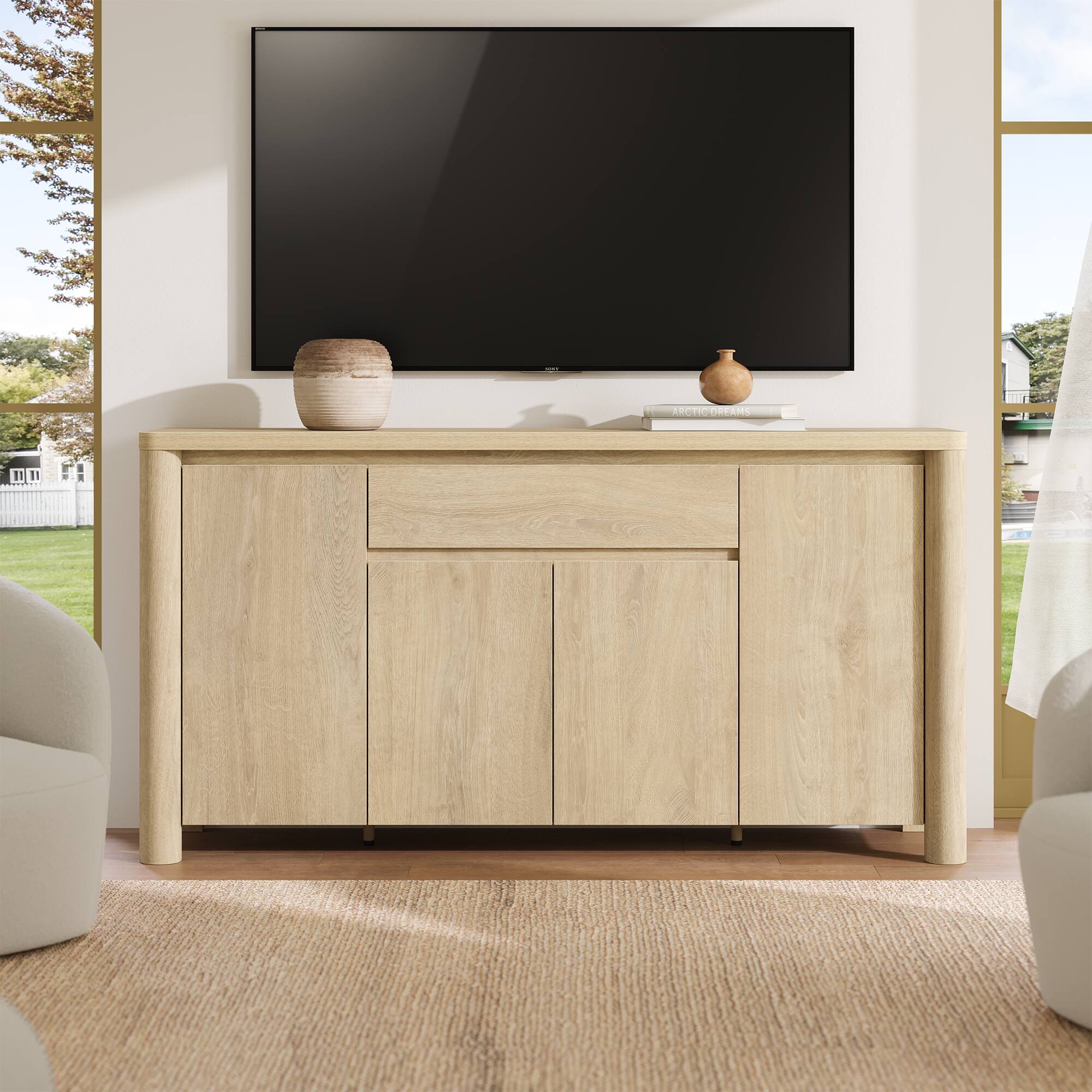 Angle. ModernMate - Sideboard Buffet 63"W Curved Modern Kitchen Dining Storage with Drawer 4 Cabinets and Adjustable Shelves - Natural Oak.