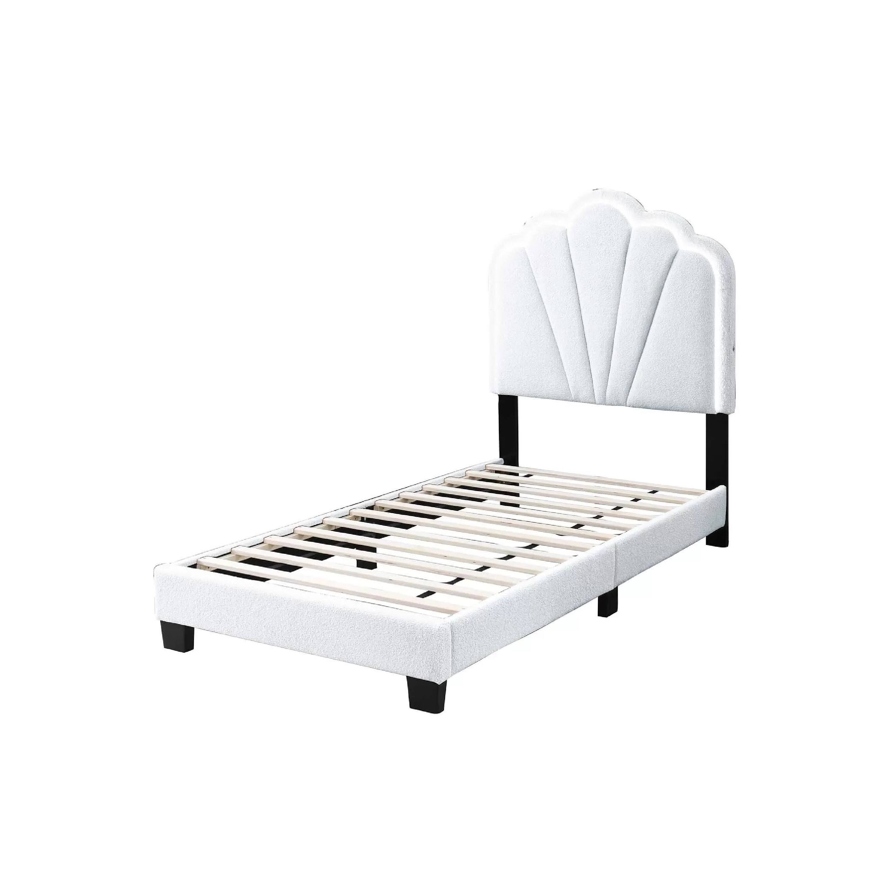 Alt View 1. Manhattan Lane - Roxy Twin Bed, White Wool Upholstery, LED Lighting, Padded Headboard - White, Black.