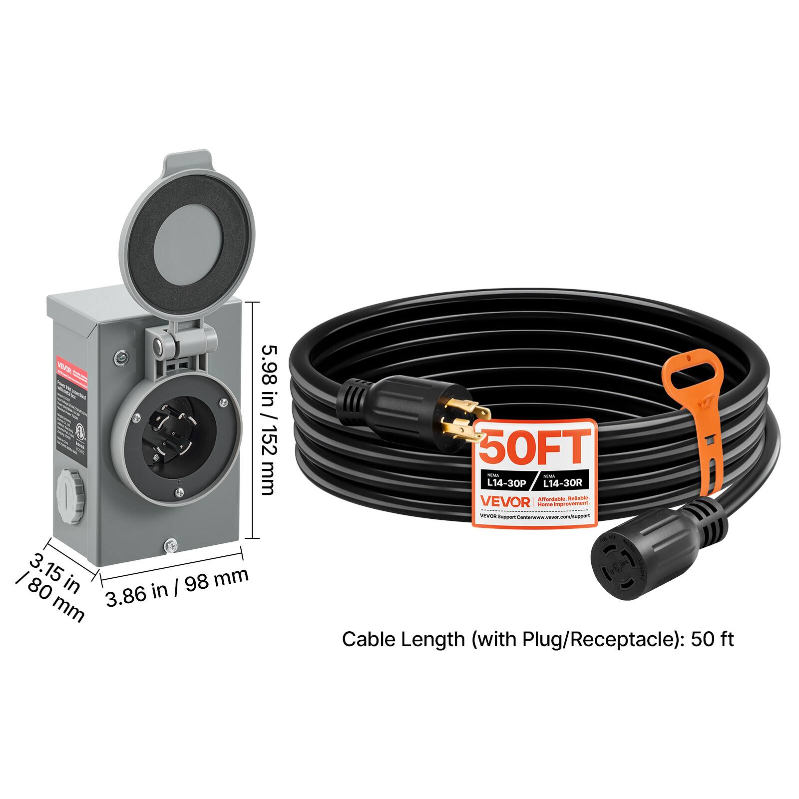 O VONDE 5.98 in / 152 mm I 80 3.15 in 98 mm 3.86 in mm

50FT NEWS - L14-30P L14-30R Affordable. Reliable. VEVOR Home Improvement. VEVOR Support Centernew Theoquelmoo.nover Cable Length (with Plug/Receptacle): 50 ft