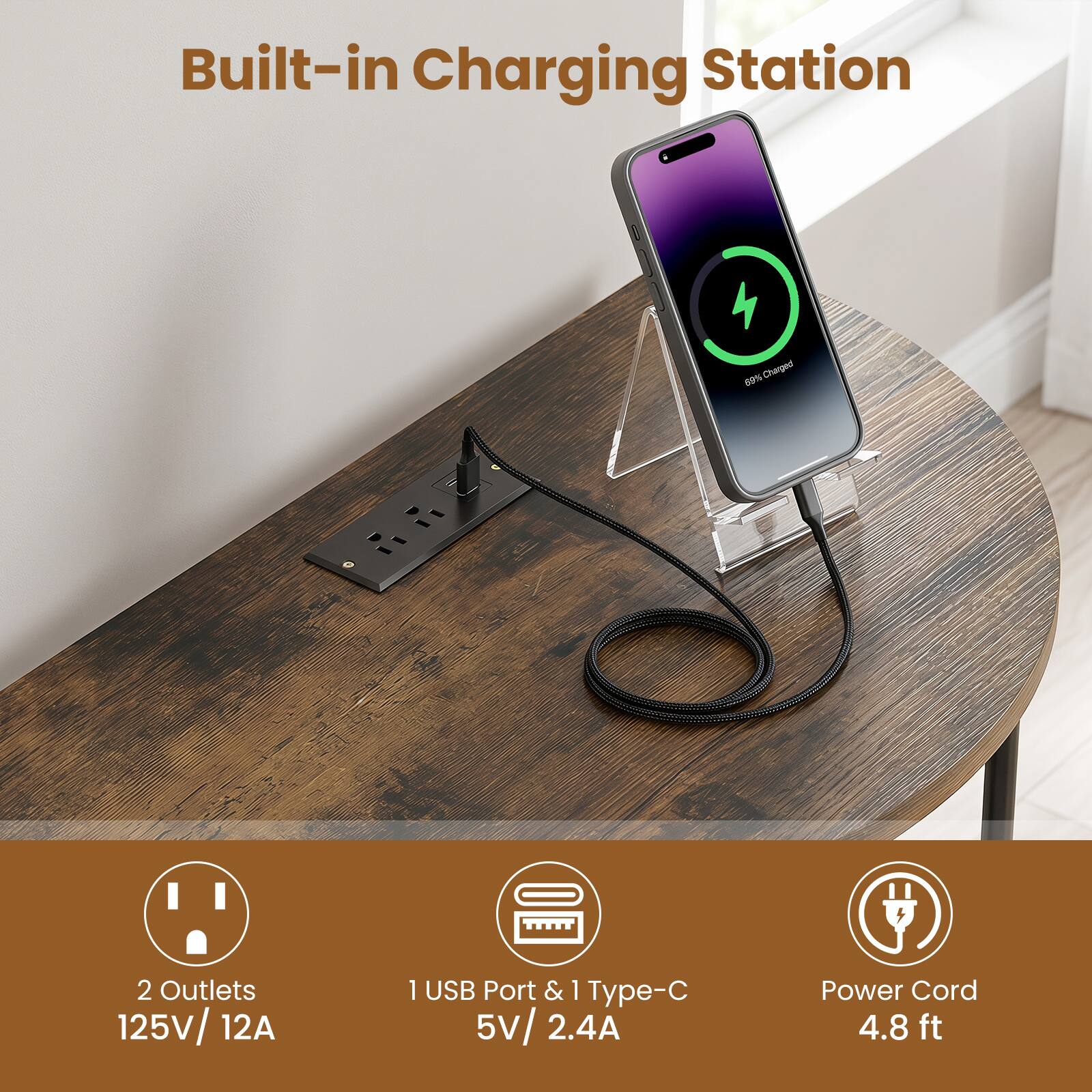 Built-in Charging Station  
69% Charged  
2 Outlets 125V/12A  
1 USB Port & 1 Type-C 5V/2.4A  
Power Cord 4.8 ft