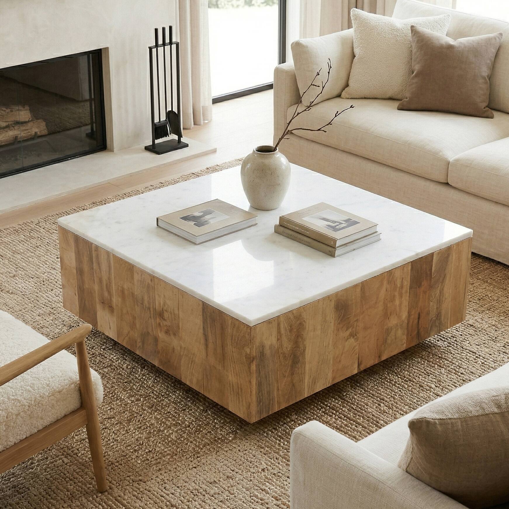 Angle. Simpli Home - Simpli Home Lockhart 30W Square Drum Coffee Table - White Marble/Refined Natural.