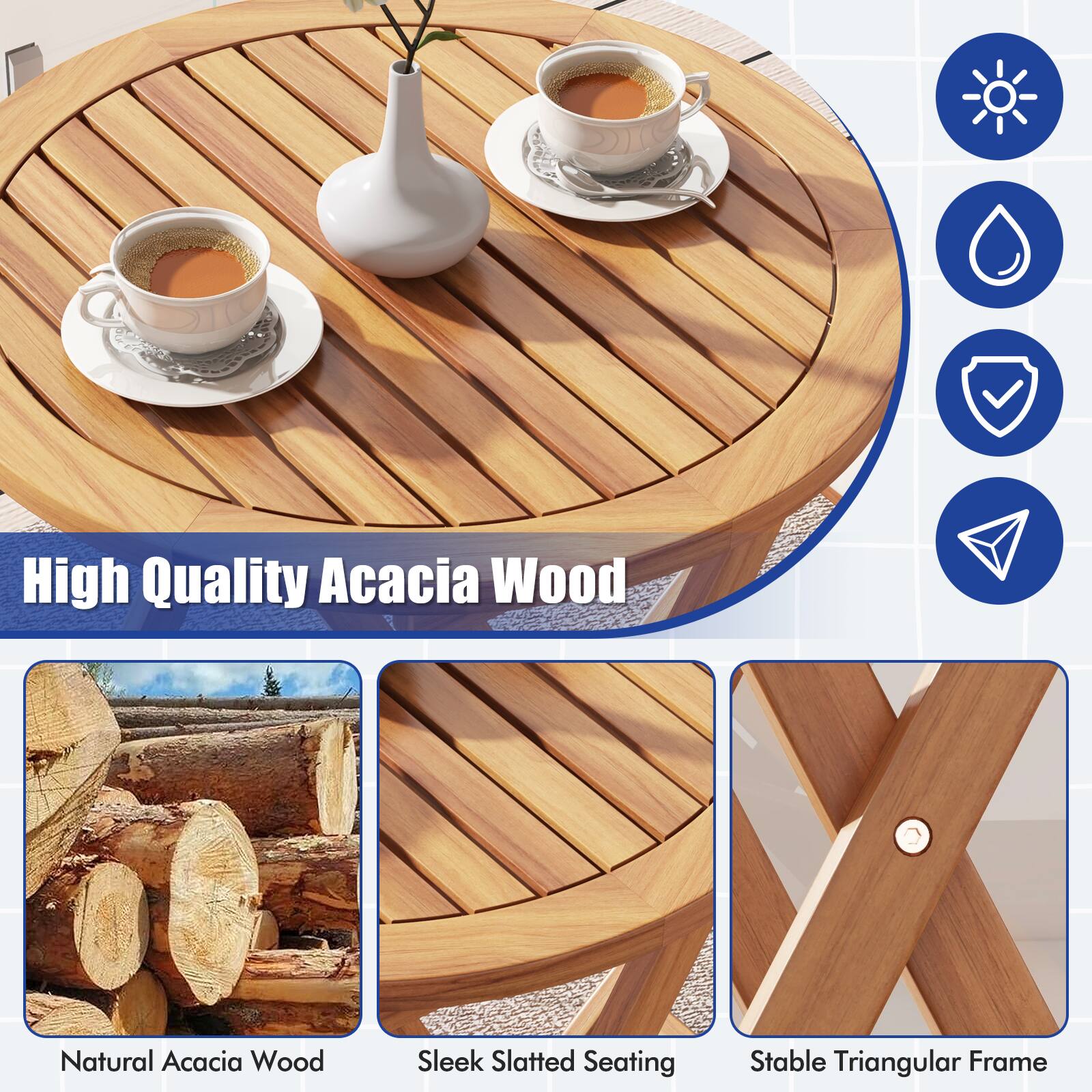 High Quality Acacia Wood Natural Acacia Wood Sleek Slatted Seating Stable Triangular Frame