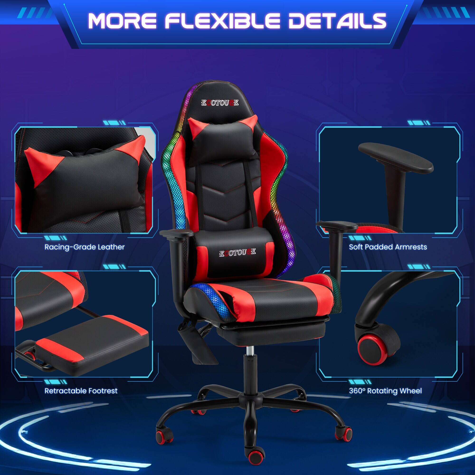 MORE FLEXIBLE DETAILS

- Racing-Grade Leather
- Soft Padded Armrests
- Retractable Footrest
- 360° Rotating Wheel