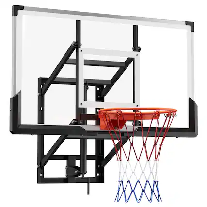 Front. VEVOR - Wall Mount Basketball Hoop, 54-inch PC Backboard Mounted Basketball Hoop Outdoor with Hand-Crank Adjustment - Black+White.