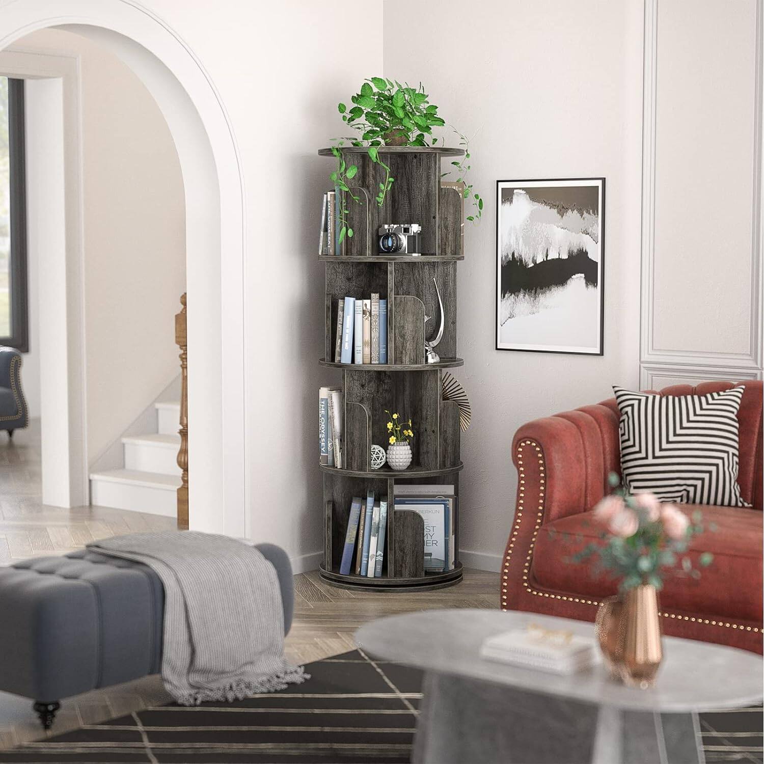 Angle. Aheaplus - 360° Rotating 4-Tier Wood Bookshelf - Space-Saving Corner Storage Rack for Bedroom, Living Room - Gray Oak.