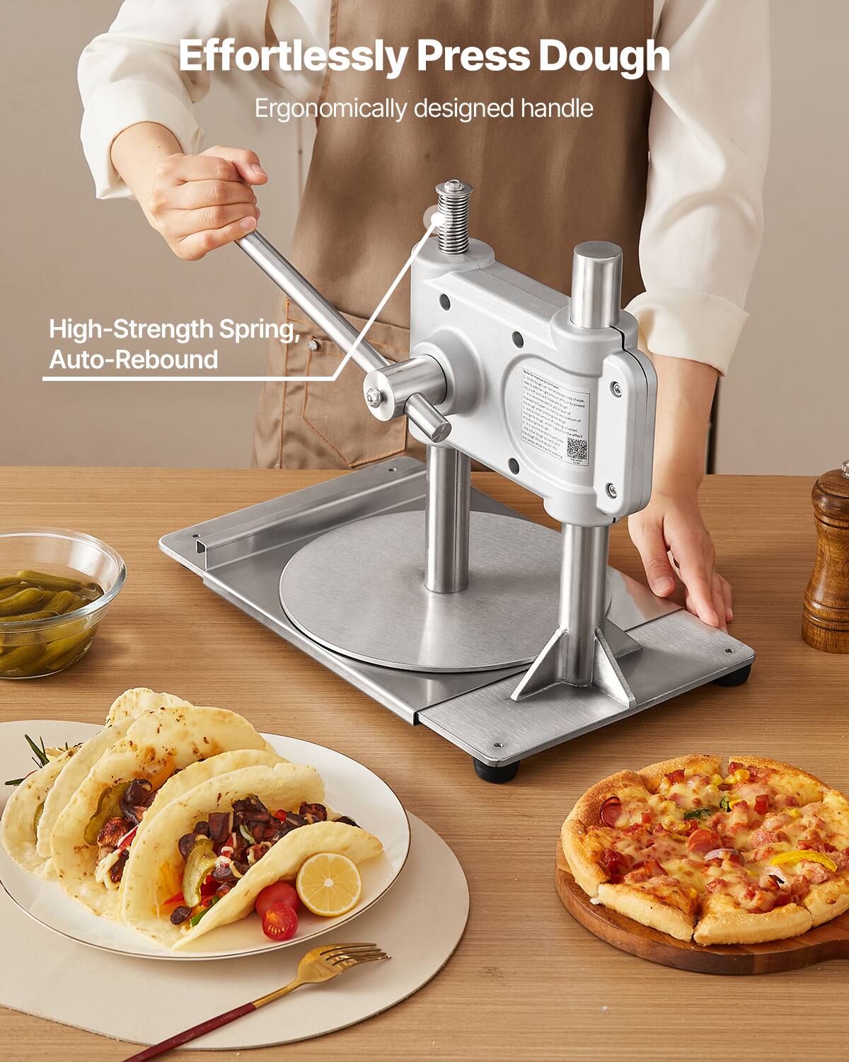 Effortlessly Press Dough  
Ergonomically designed handle  
High-Strength Spring, Auto-Rebound