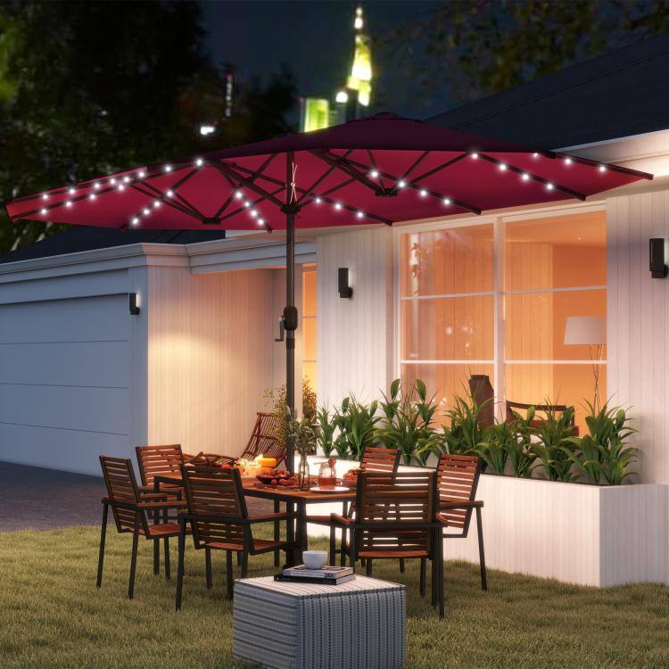 Alt View 1. PULUZ - Garden Parasol, Double-Sided Sun Umbrella with LED Solar Lights, Patio Parasol for Outdoor - Wine Red.