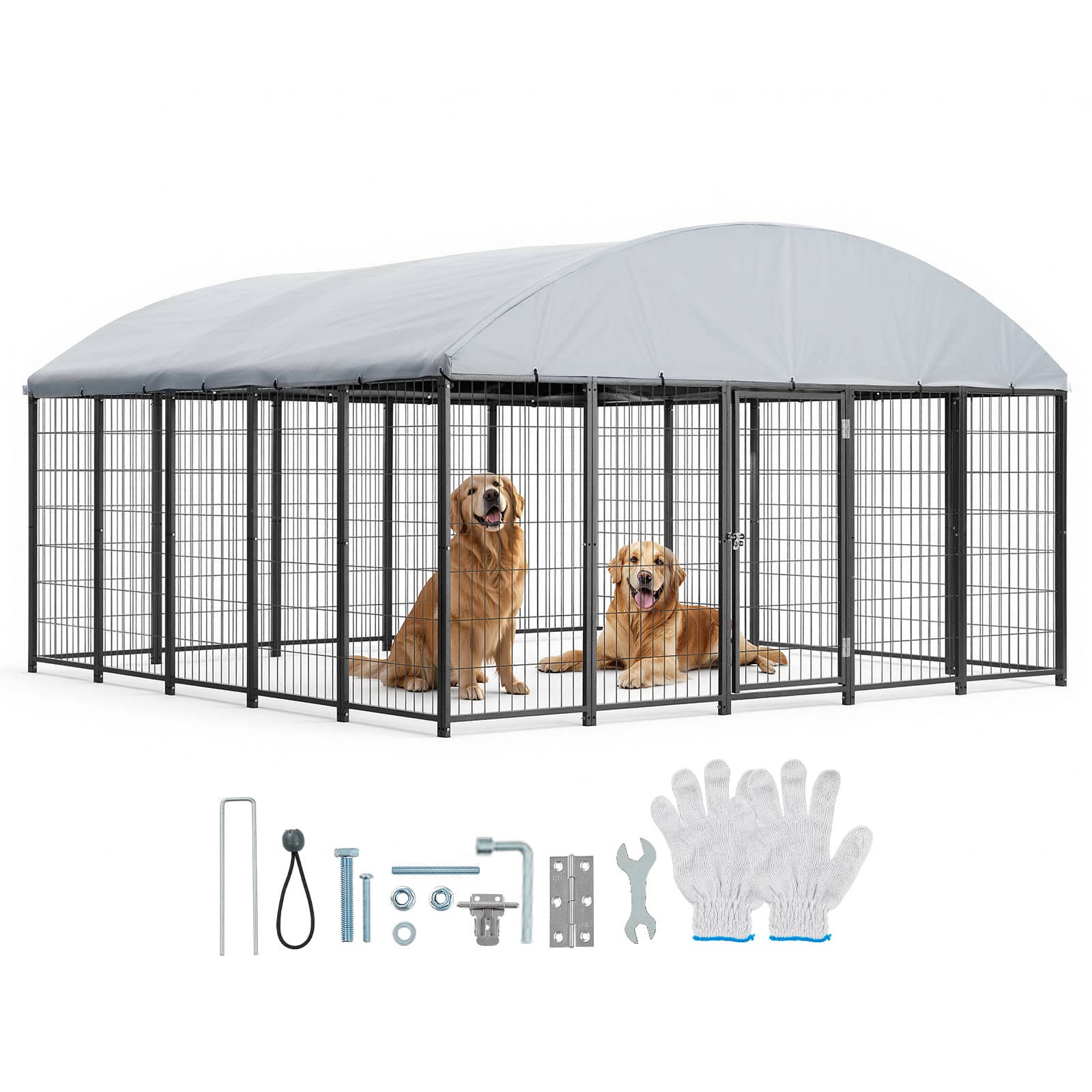 VEVOR - Outdoor Dog Kennel, 9.8 x 9.8 x 5.4 ft Large Dog Kennel with Secure Lock, Outside Dogs Enclosures with UV-Resistant - Black with Silver Accents + Silver Gray