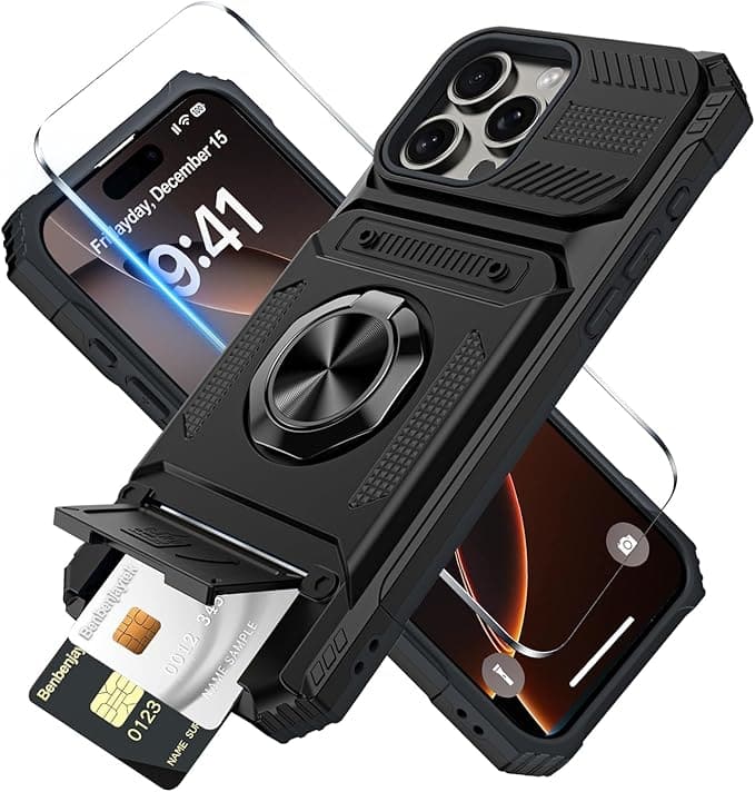 Gravity Ridge - for iPhone 14 Wallet Case with Card Holder 360°Ring Kickstand Military Grade Drop Shockproof Rugged Case - Black