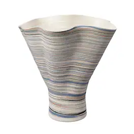 Manhattan Lane - Kerya Decorative Vase, 16 Inch Striped, Wavy Rim Porcelain - Blue, White
