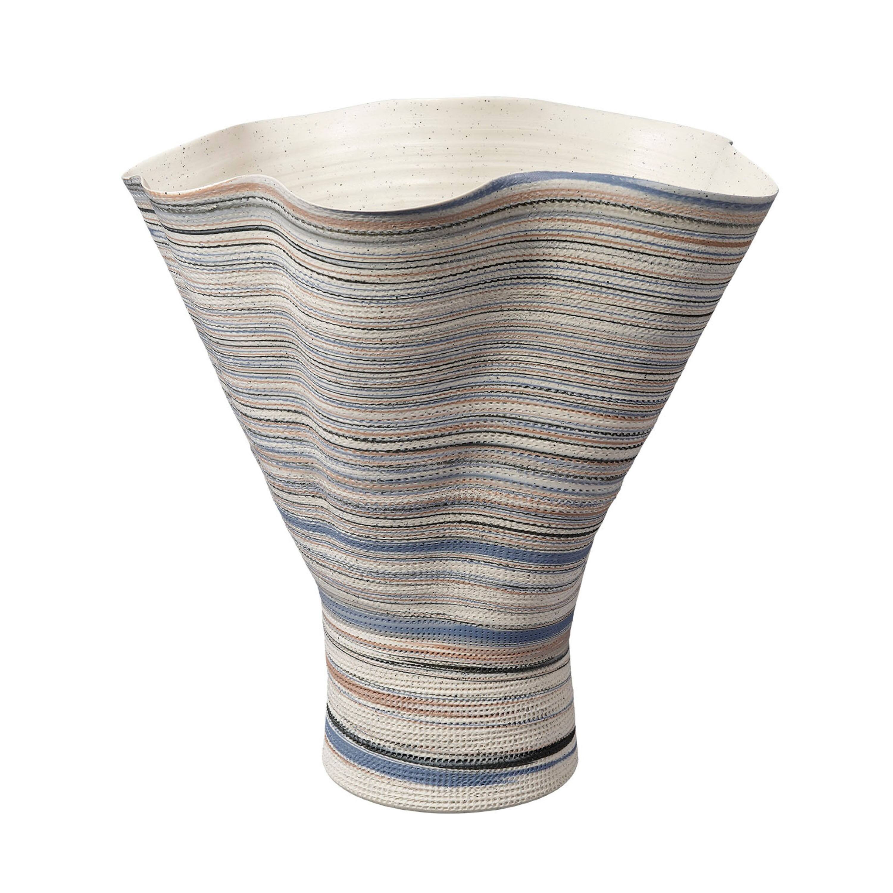 Front. Manhattan Lane - Kerya Decorative Vase, 16 Inch   Striped, Wavy Rim Porcelain - Blue, White.