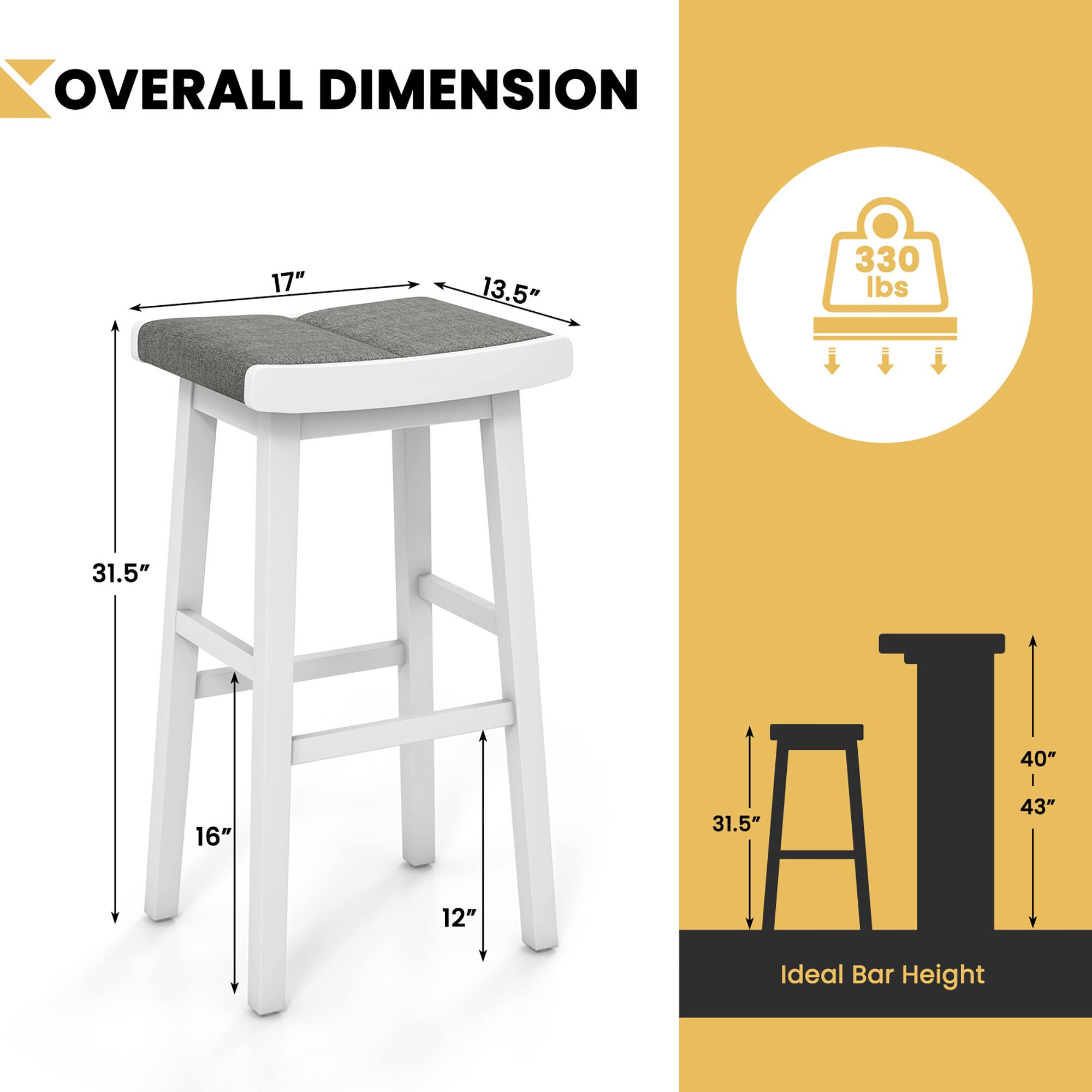 Overall Dimension: 17" 13.5" 330 lbs 31.5" 40" 16" 31.5" 43" 12" Ideal Bar Height