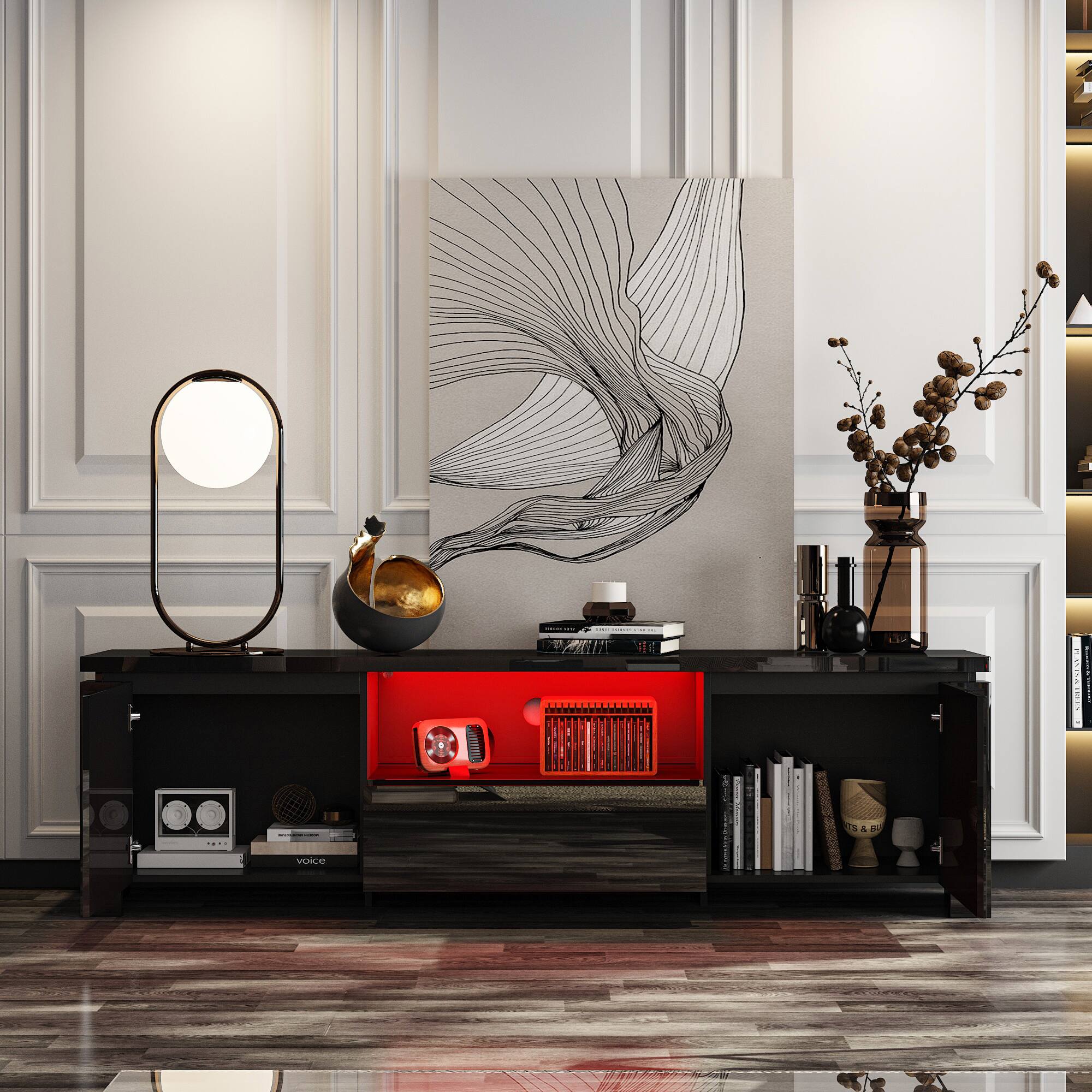 Alt View 4. Famapy - Famapy High - Gloss TV Console: 70 - Inch TV Fit, Cable Management & Modern Flair - Black.