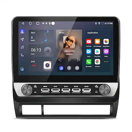 6:13 PM
Navi 0 km/h
Music
06:13 Friday
UNKNOWN UNKNOWN
YouTube Video File Manager ImageScan Play Store Radio DVR REC
Bluetooth Chrome
VOL MENU NAVI BACK BAND MODE
TUN MIC