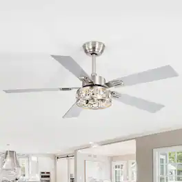Breezary - 48-Inch Ceiling Fan with 5 Plywood Blades, DC Motor, 6-Speed Remote Control, 4'' & 8'' Downrods, Timer & Memory - Satin Nickel and Silver