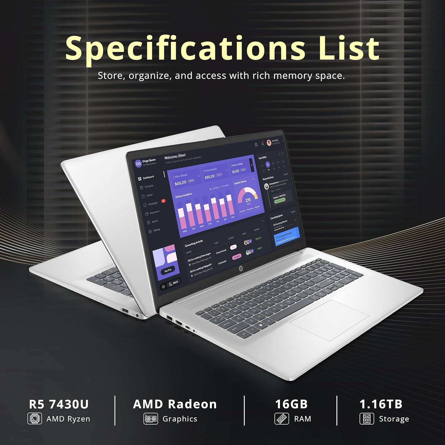Specifications List: Store, organize, and access with rich memory space. R5 7430U AMD Ryzen, AMD Radeon Graphics, 16GB RAM, 1.16TB Storage.