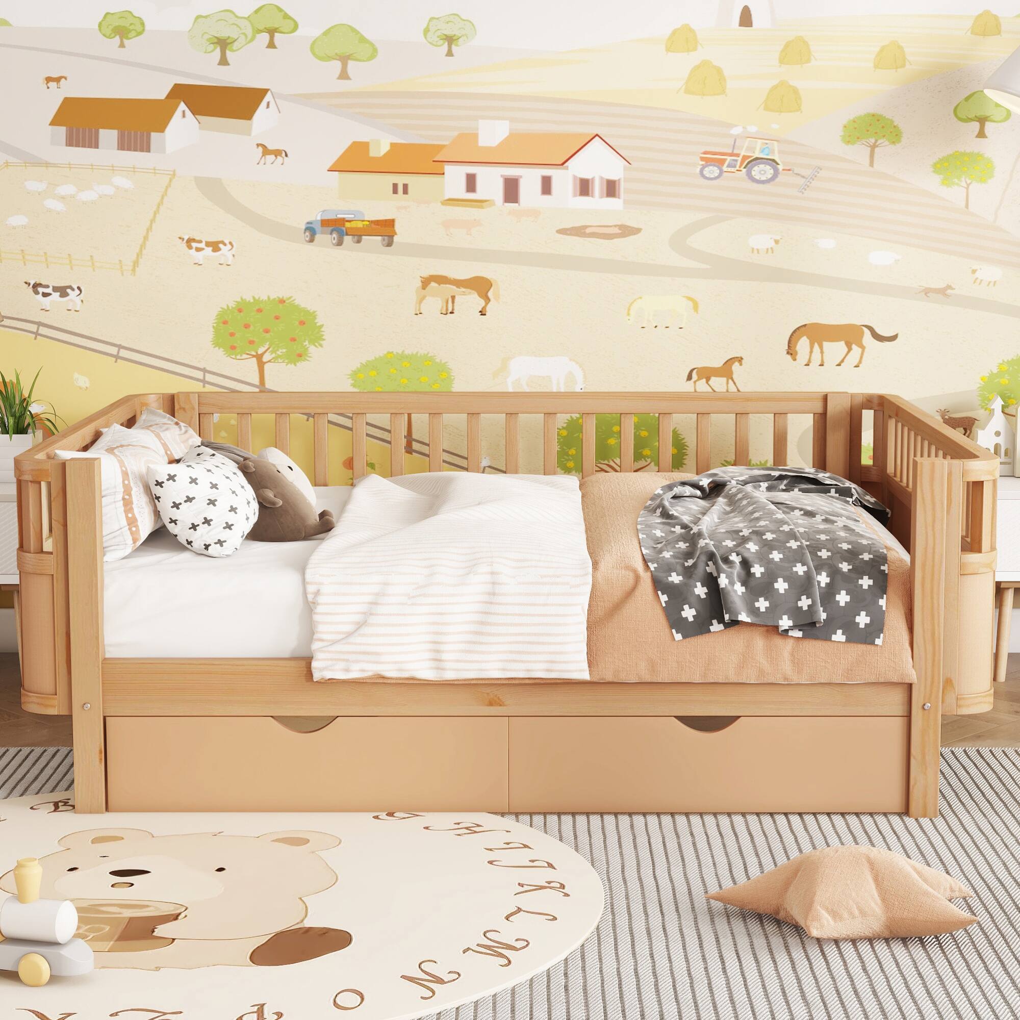 Back. GOODSILO - Full Size Wood Platform Bed with Safety Rails for Children's Rooms, Sturdy Low Profile Design for Kids and Teens - Natural.