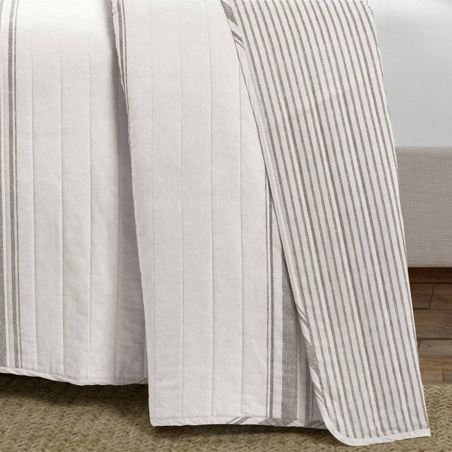Left. Hivvago - Twin/Twin XL Grey Off-White 2 Piece Stripe Reversible Cotton Quilt Set - Grey, Off-White.
