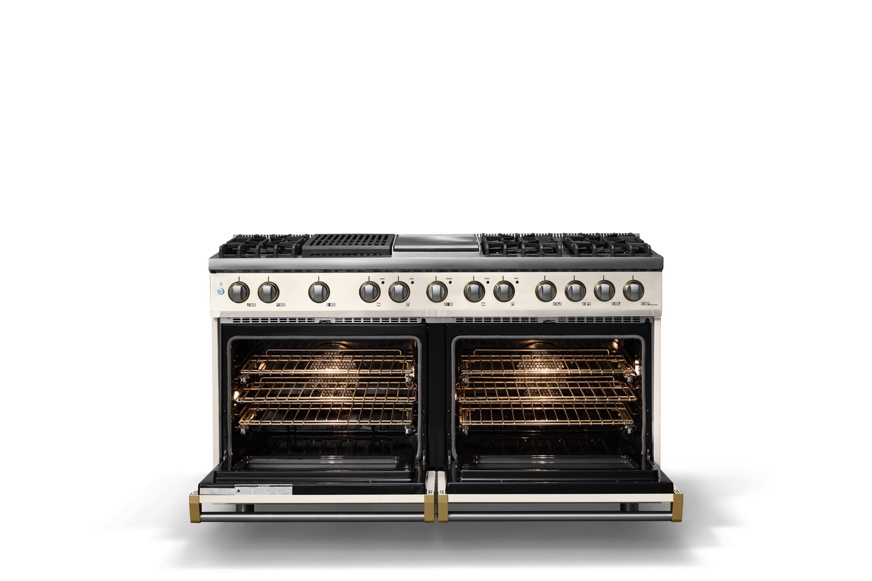 Alt View 2. Viking - 60 in. Wide 8 Burner Pro 5 Series 9.4 Cu. Ft. Freestanding Sealed Dual Fuel Convection Range with Brushed Brass Trim - Pure White.
