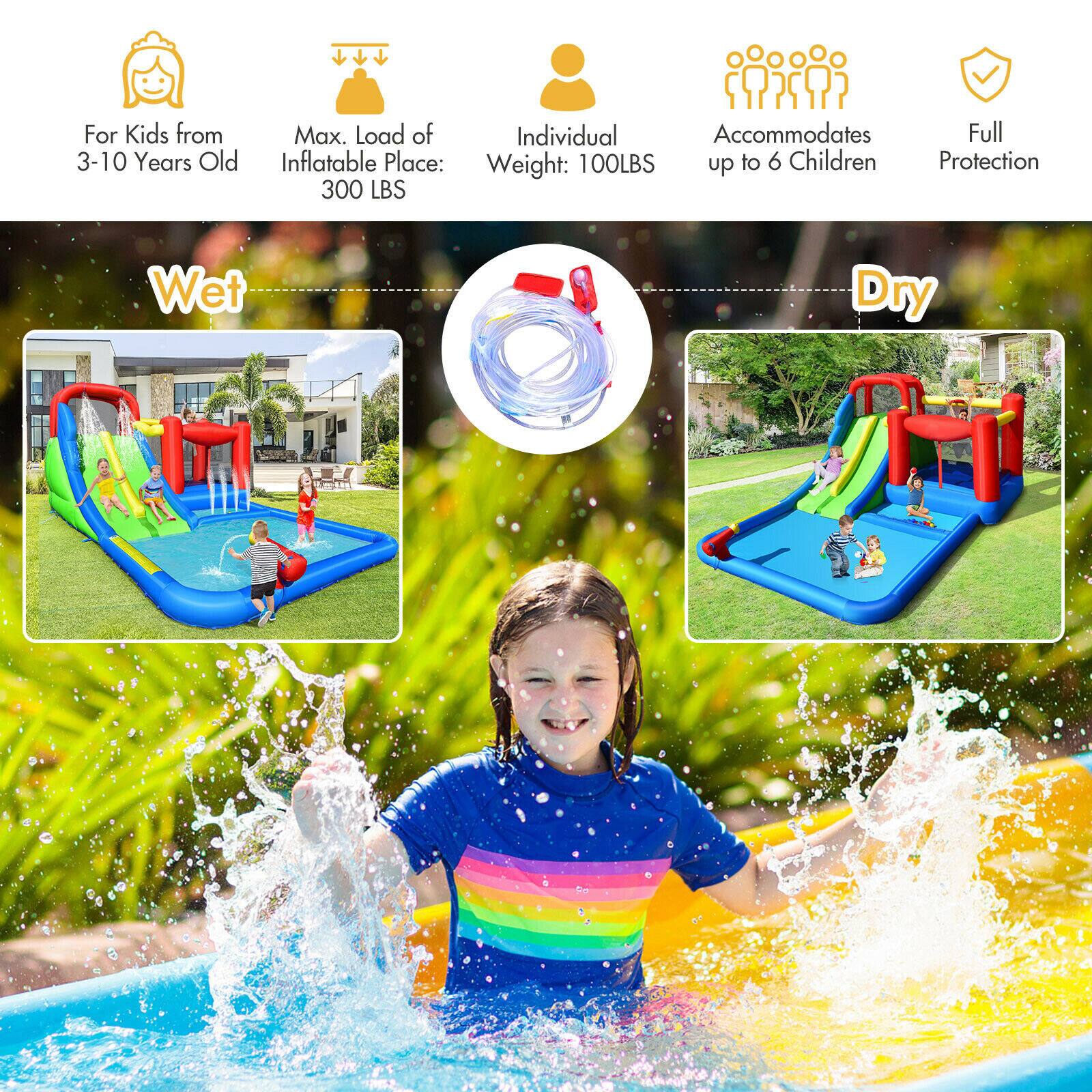 For Kids from 3-10 Years Old  
Max. Load of Inflatable Place: 300 LBS  
Individual Accommodates Full Weight: 100 LBS  
up to 6 Children  
Protection  

Wet  
Dry