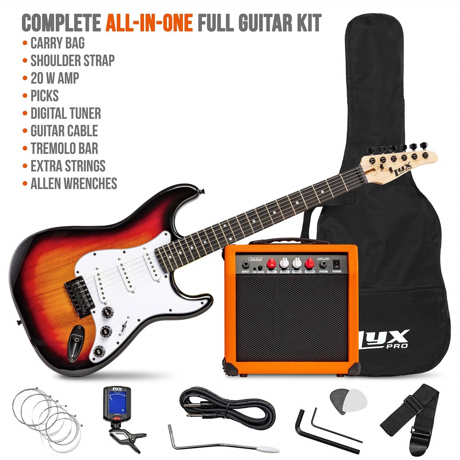 COMPLETE ALL-IN-ONE FULL GUITAR KIT
CARRY BAG
SHOULDER STRAP
20 W AMP
PICKS
DIGITAL TUNER
GUITAR CABLE
TREMOLO BAR
EXTRA STRINGS
ALLEN WRENCHES