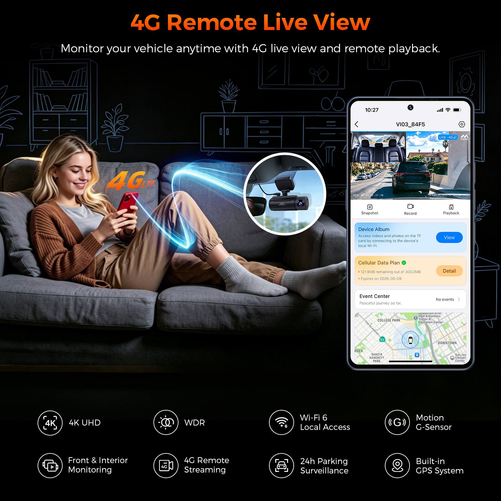 4G Remote Live View  
Monitor your vehicle anytime with 4G live view and remote playback.

10:27  
VI03_84F5  
LINE-40 ON  
4Gum  
Snapshot  
Record  
Playback  
Device Album  
Access does and photos on the TF card by connecting to the device's local Wi-Fi  
View  
Cellular Data Plan  
121.9MB remaining out of 300.0MB  
Expires on 2026-05-09  
Detail  
Event Center  
Peaceful journey so far,  
No events  
COLLEGE PARK  
VITAMIN NET Cordens The Education Center  
DOWNTOWN  
ROES SHASTA HANCHETT POITE  
4K UHD  
WDR  
Wi-Fi 6 Local Access  
Motion (G) G-Sensor  
Front & Interior Monitoring  
4G Remote Streaming  
24h Parking Surveillance  
Built-in GPS System