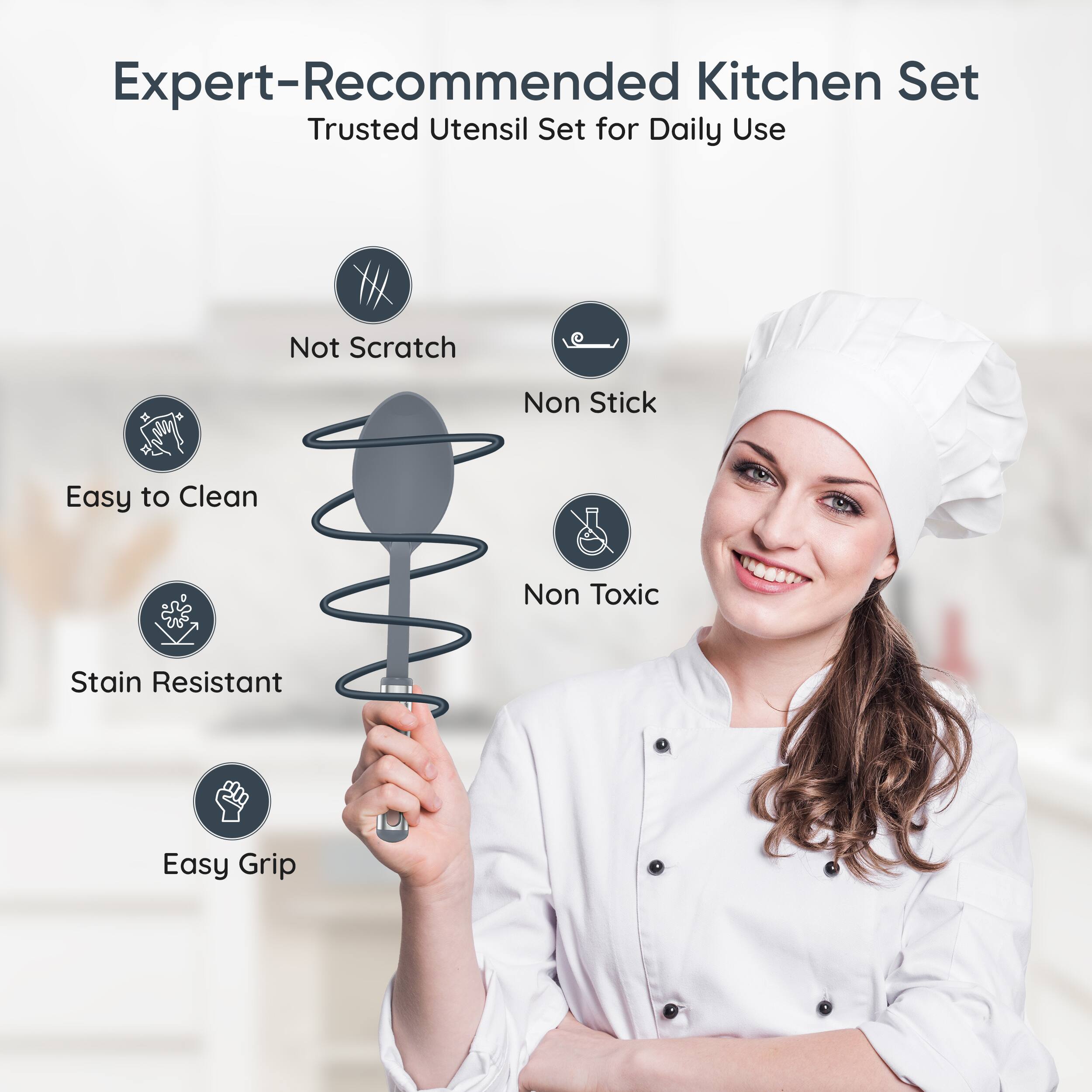 Expert-Recommended Kitchen Set  
Trusted Utensil Set for Daily Use  

- Not Scratch  
- Non Stick  
- Easy to Clean  
- Non Toxic  
- Stain Resistant  
- Easy Grip