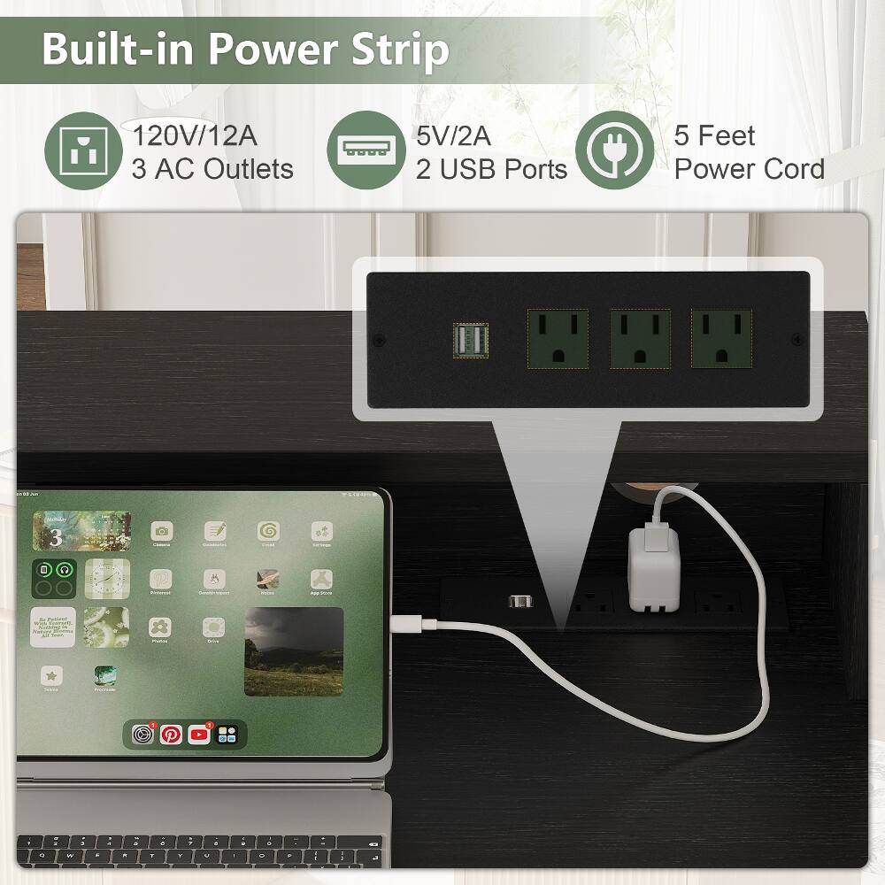 Built-in Power Strip 120V/12A 3 AC Outlets 5V/2A 2 USB Ports 5 Feet Power Cord