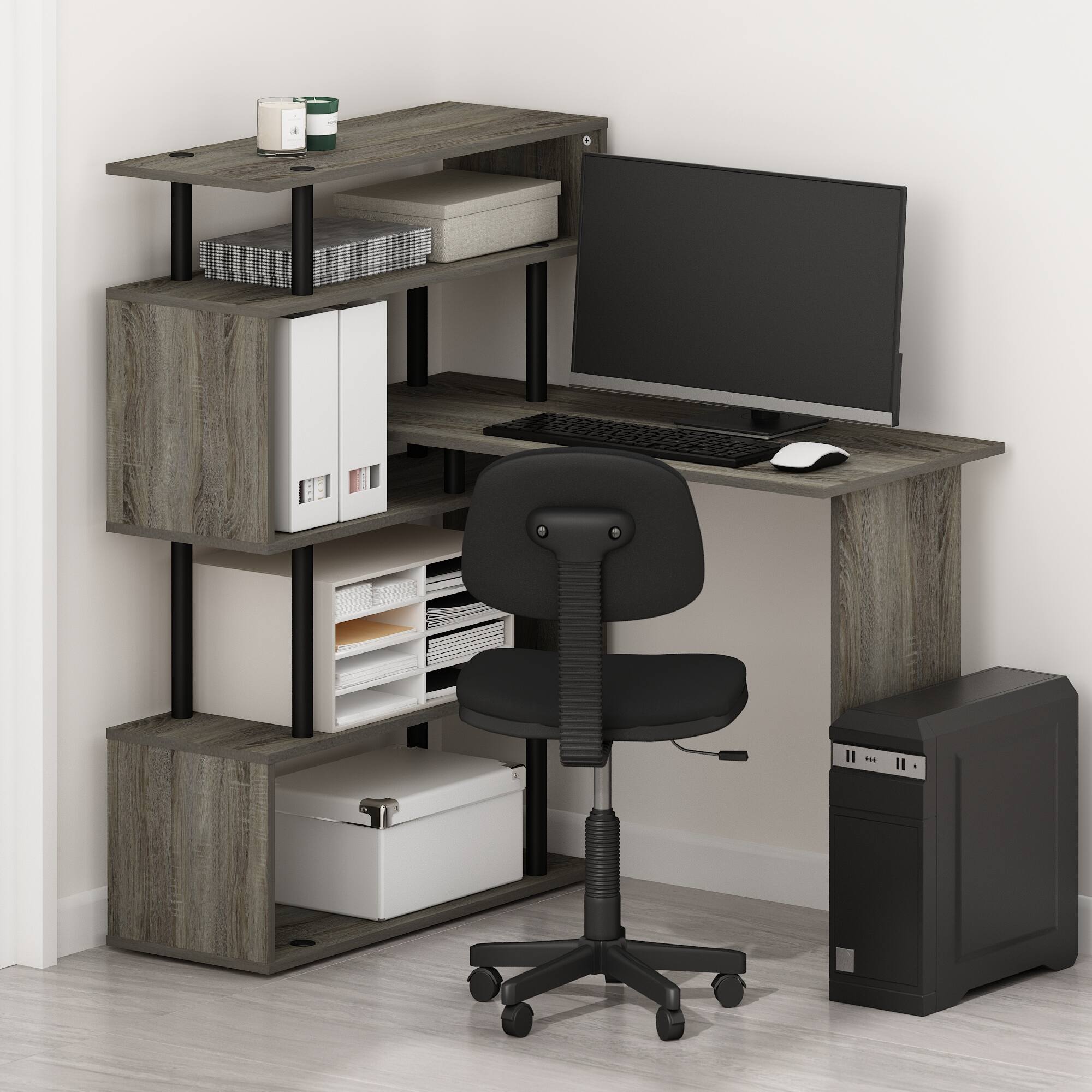 Alt View 1. Furinno - MOORE L Shape Computer Desk, Gaming Desk with 5-Tier S-Shaped Side Shelves, Office Desk, for Home Office, Study, Gaming - Grey Oak/Black.