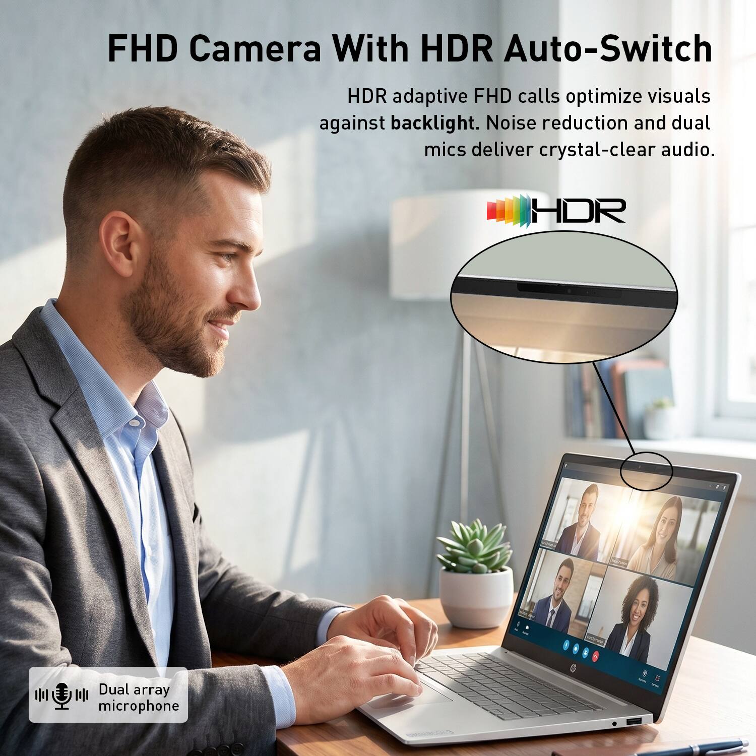 FHD Camera With HDR Auto-Switch

HDR adaptive FHD calls optimize visuals against backlight. Noise reduction and dual mics deliver crystal-clear audio.

HDR

Dual array microphone