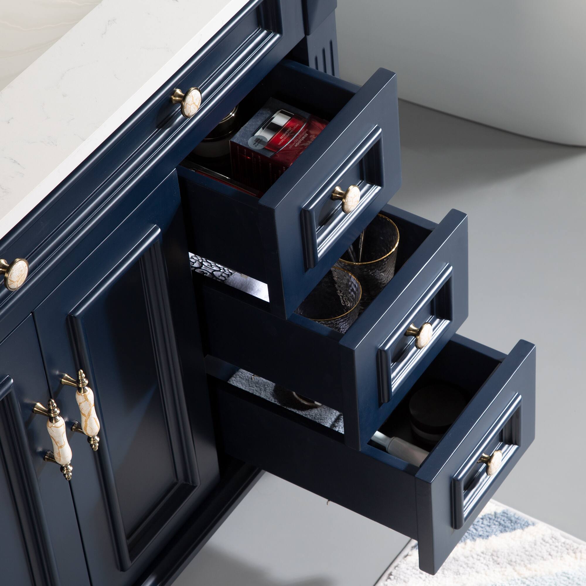 Alt View 1. WELLFOR - ARTWOOD 36 in. Solid Wood Bath Vanity with Quartz Top, Single Sink, Soft Close, Assembled - Navy Blue.