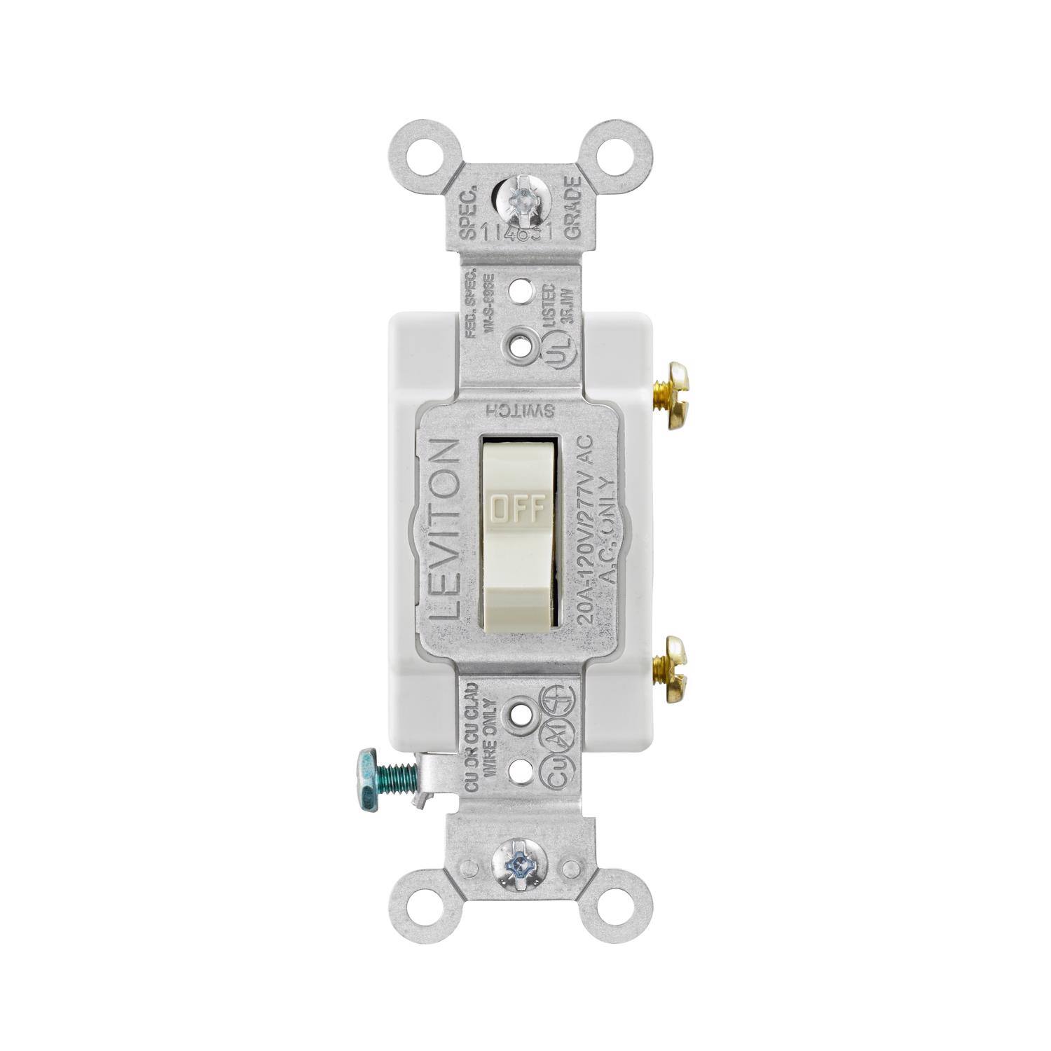 LEVITON  
OFF  
20A-120V/277V AC ONLY  
UL LISTED  
GRADE 1  
SPEC. 1142C  
FED. SPEC. W588  
MADE IN USA  
UL DR WIRE ONLY  
CUL DR WIRE ONLY
