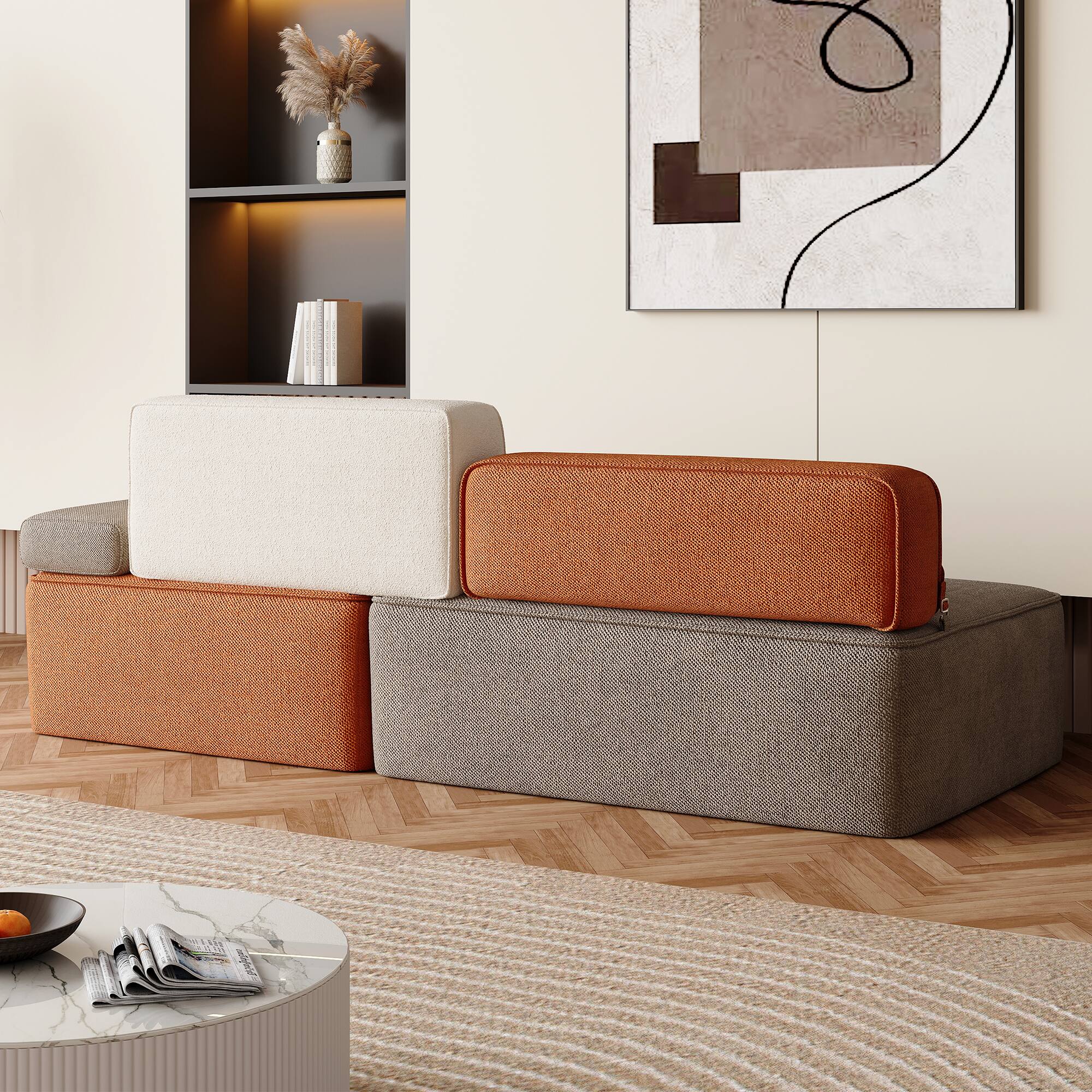 Back. luck idea - 79.9" Modular Sectional Sofa with Chaise, Modern L-Shaped Fabric Couch, Removable Cushions, Living Room Sofa - grey, orange.