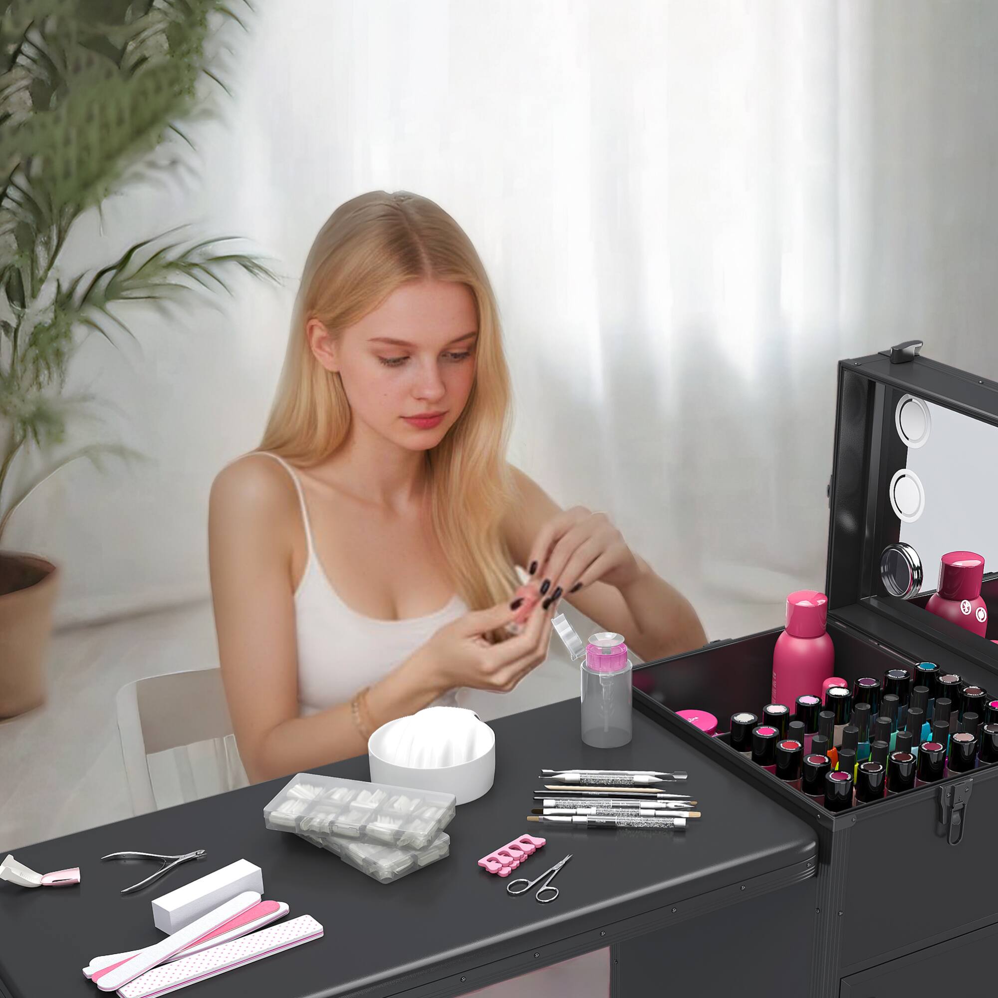 Alt View 4. GOODSILO - Professional Folding Nail Art Table with LED Mirror Bluetooth Speaker Lockable Drawers Telescopic Pole Salon Station - Black.