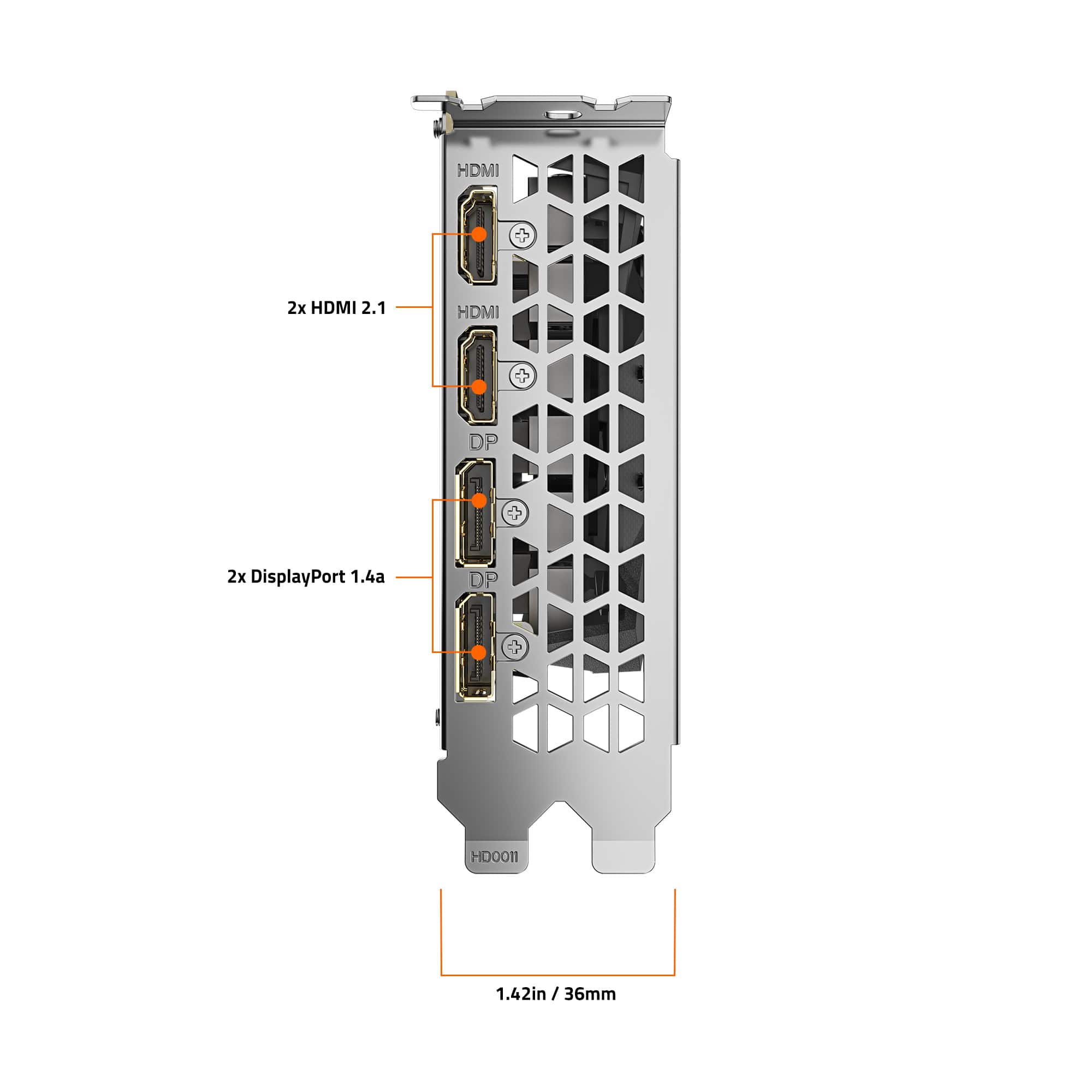 The image shows a close-up of a computer component with a diagram and measurements. The component has two HDMI ports and two DisplayPort ports. The measurements provided are 1.42 inches (36mm) in height and 42 inches (107cm) in width.