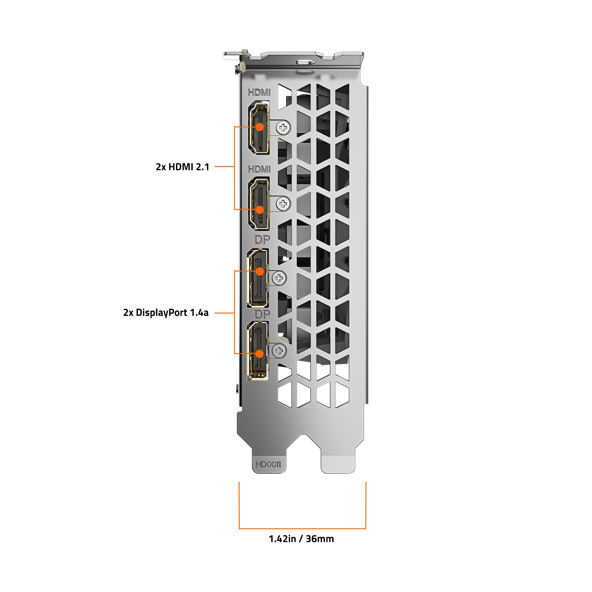 The image shows a close-up of a computer component with a diagram and measurements. The component has two HDMI ports and two DisplayPort ports. The measurements provided are 1.42 inches (36mm) in height and 42 inches (107cm) in width.