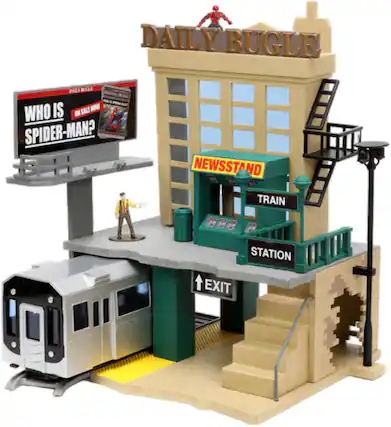 The corrected text from the image is:
"Daily Bugle
Who is Spider-Man?
Newsstand
Train Station
Exit"