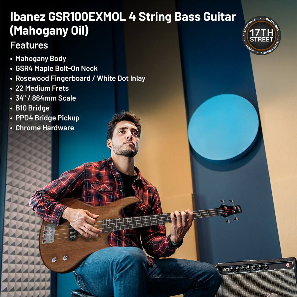 Ibanez GSR100EXMOL 4 String Bass Guitar (Mahogany Oil)

Features:
- Mahogany Body
- GSR4 Maple Bolt-On Neck
- Rosewood Fingerboard / White Dot Inlay
- 22 Medium Frets
- 34" / 864mm Scale
- B10 Bridge
- PPD4 Bridge Pickup
- Chrome Hardware