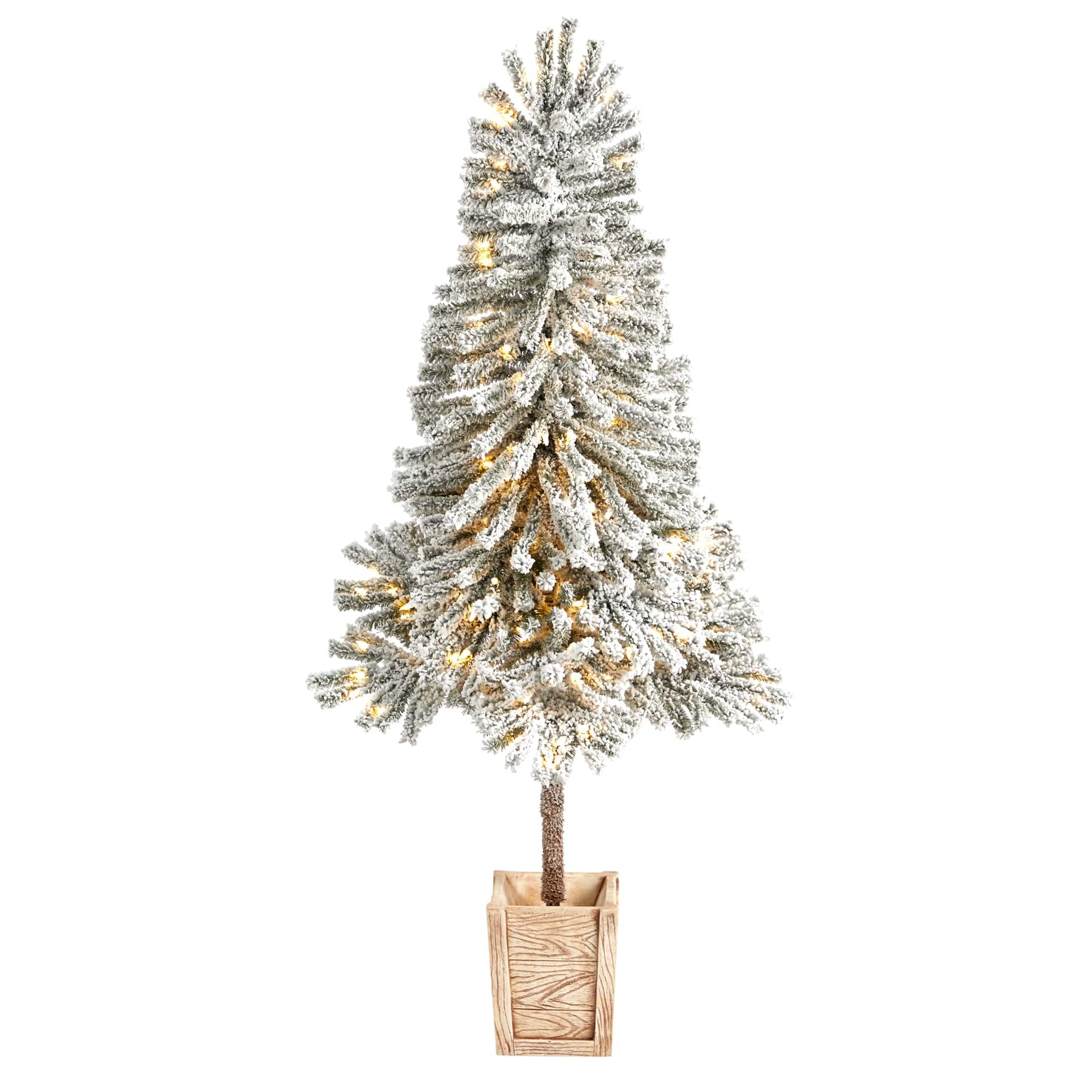 BreeBe - 5' Flocked Leaning Xmas Tree Pre-Lit with 150 LEDs & 288 Tps - White