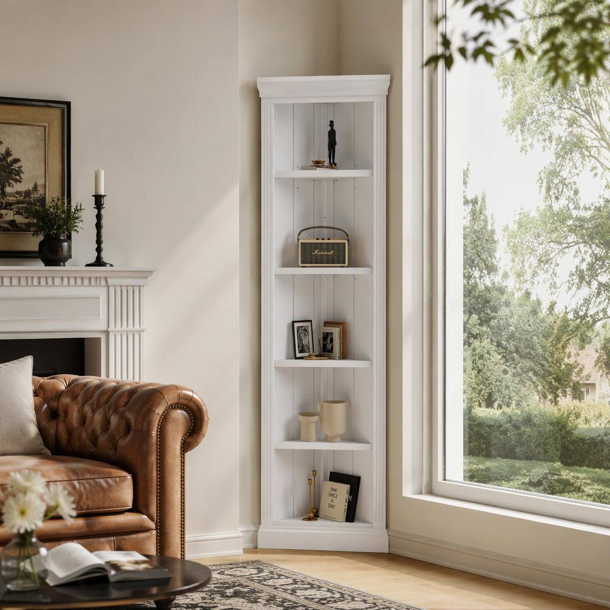 Angle. RYHNUYNE - 83.4 in 5-Tier Corner Shelf with Adjustable Feet Solid Wood Frame and MDF Board Open Display Stand - White.