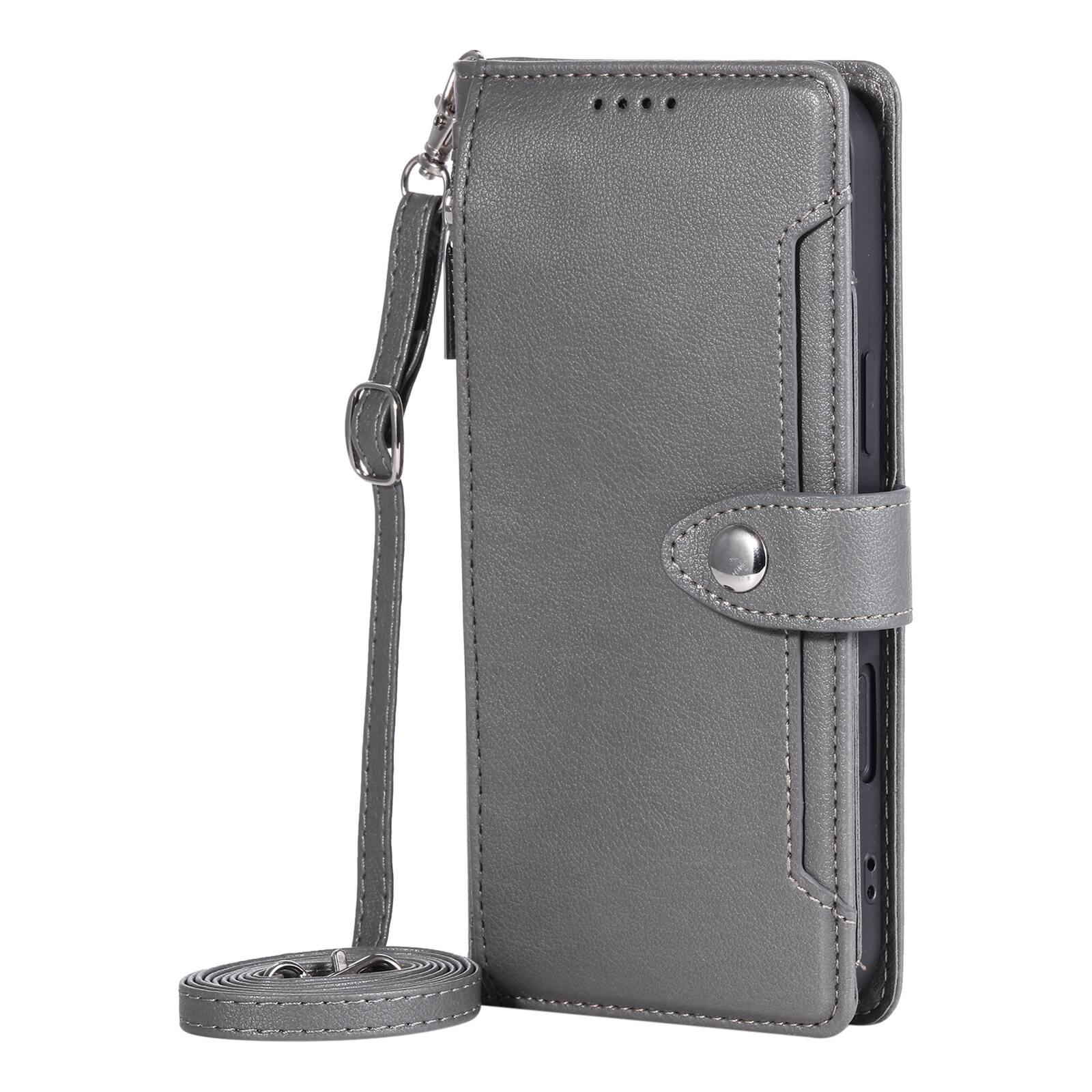 Angle. Dteck - Wallet Case for Samsung Galaxy S25+ Crossbody Premium Leather Flip Kickstand Zipper Card Slot Cover With Strap+Lanyard - Gray.