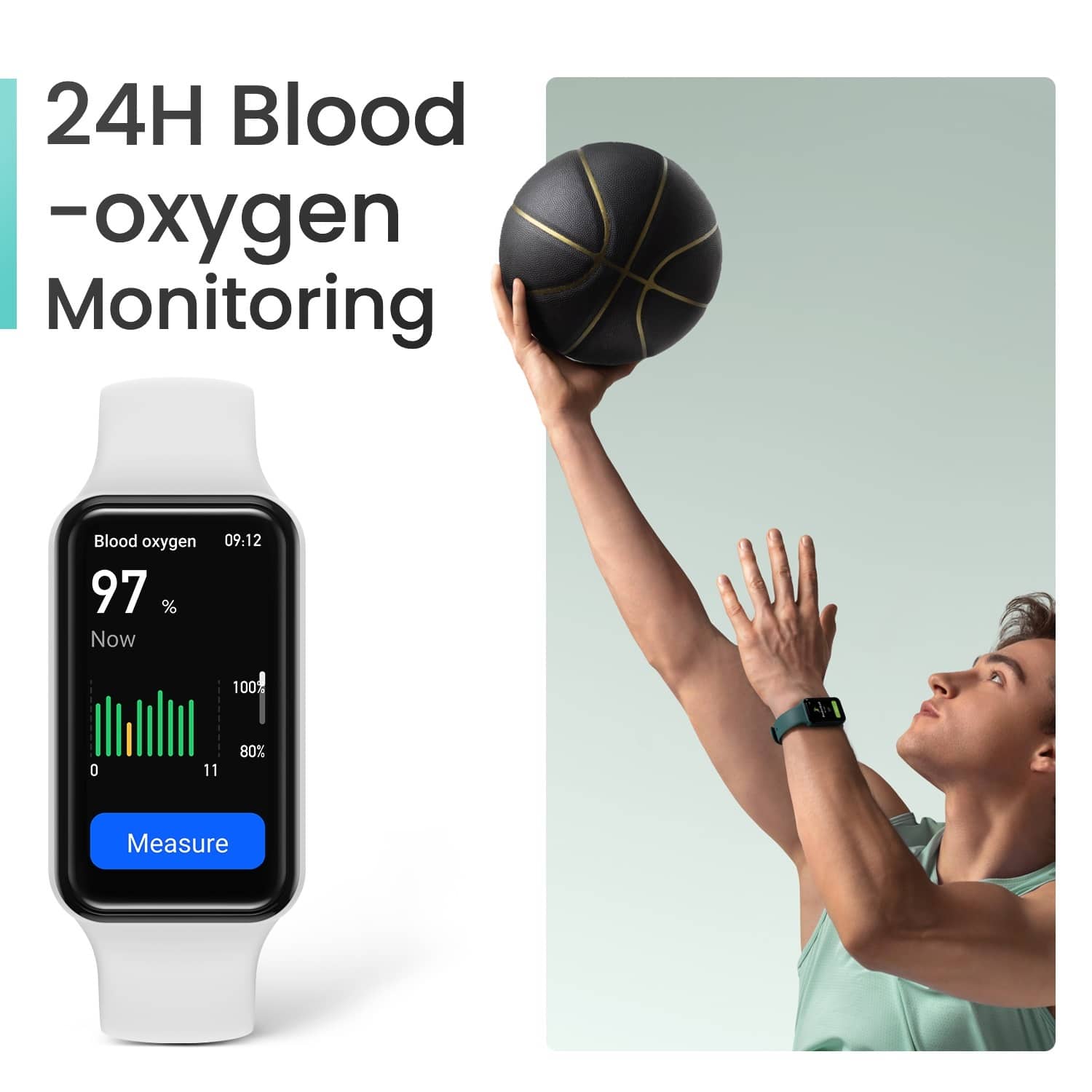 The image showcases a man holding a basketball while wearing a smart watch that displays his blood oxygen level. The watch is designed to monitor blood oxygen levels, providing real-time information about the user's oxygen saturation. The man's blood oxygen level is currently at 97%, which indicates that he is in good health and has sufficient oxygen in his blood. The watch serves as a convenient and portable device for tracking and maintaining one's health, especially for those who engage in physical activities like basketball.
