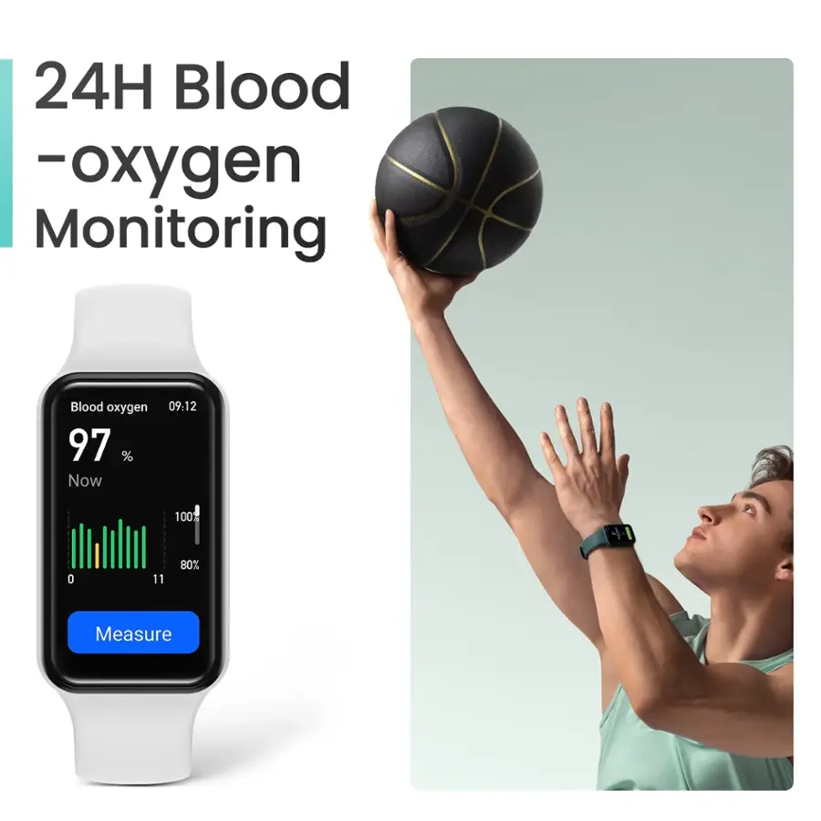 The image showcases a man holding a basketball while wearing a smart watch that displays his blood oxygen level. The watch is designed to monitor blood oxygen levels, providing real-time information about the user's oxygen saturation. The man's blood oxygen level is currently at 97%, which indicates that he is in good health and has sufficient oxygen in his blood. The watch serves as a convenient and portable device for tracking and maintaining one's health, especially for those who engage in physical activities like basketball.