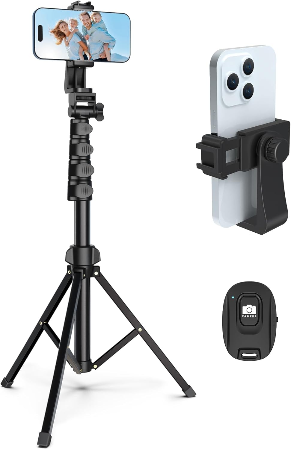 Front. Schertz - 64" Adjustable Phone & Camera Tripod with Remote and Phone Holder, Sturdy Selfie Stick for Video Recording - Black.
