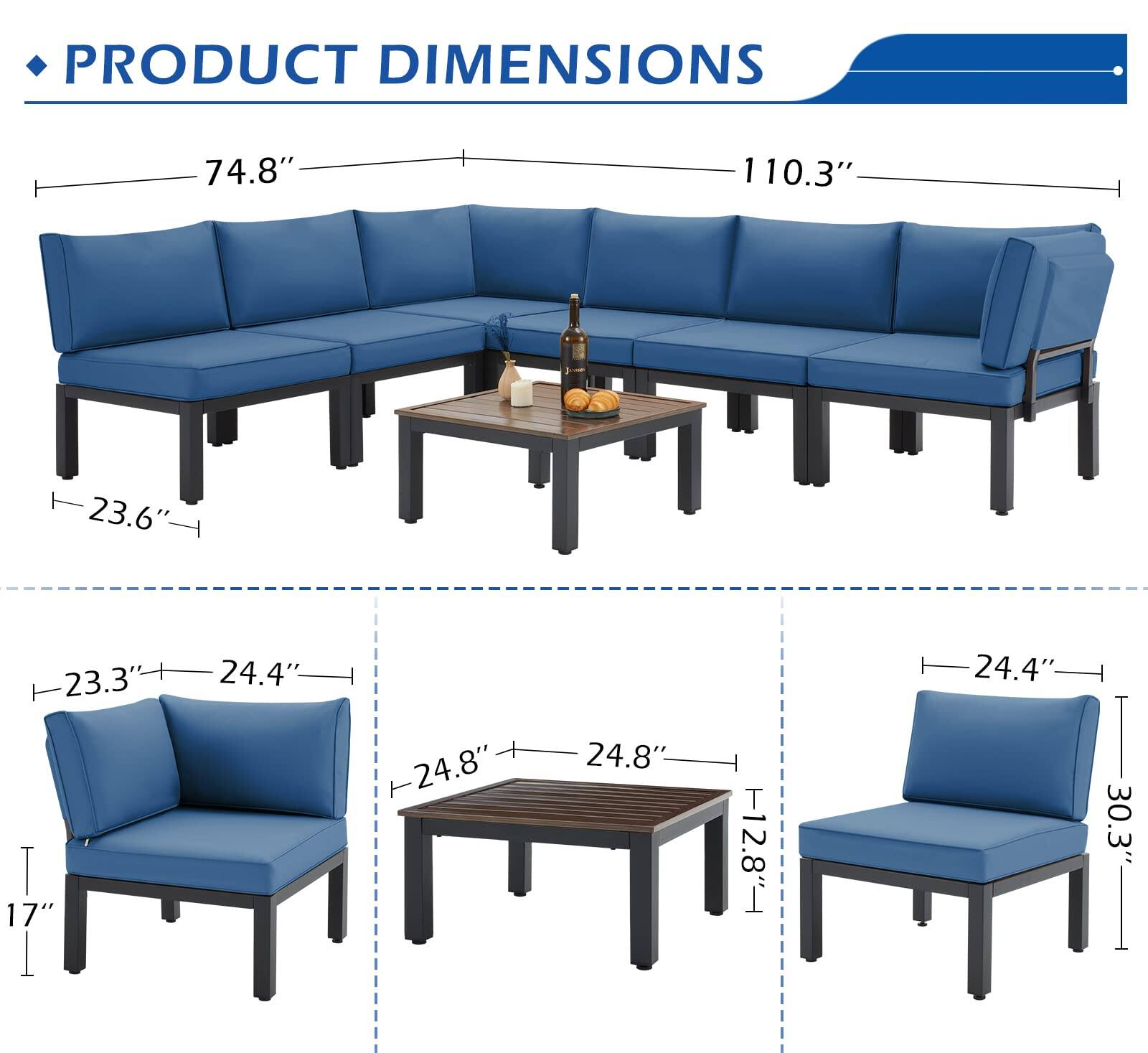 PRODUCT DIMENSIONS

- Sofa: 74.8" W x 110.3" L x 23.6" H
- Armchair: 23.3" W x 24.4" D x 17" H
- Coffee Table: 24.8" W x 24.8" D x 12.8" H
- Accent Chair: 24.4" W x 30.3" H