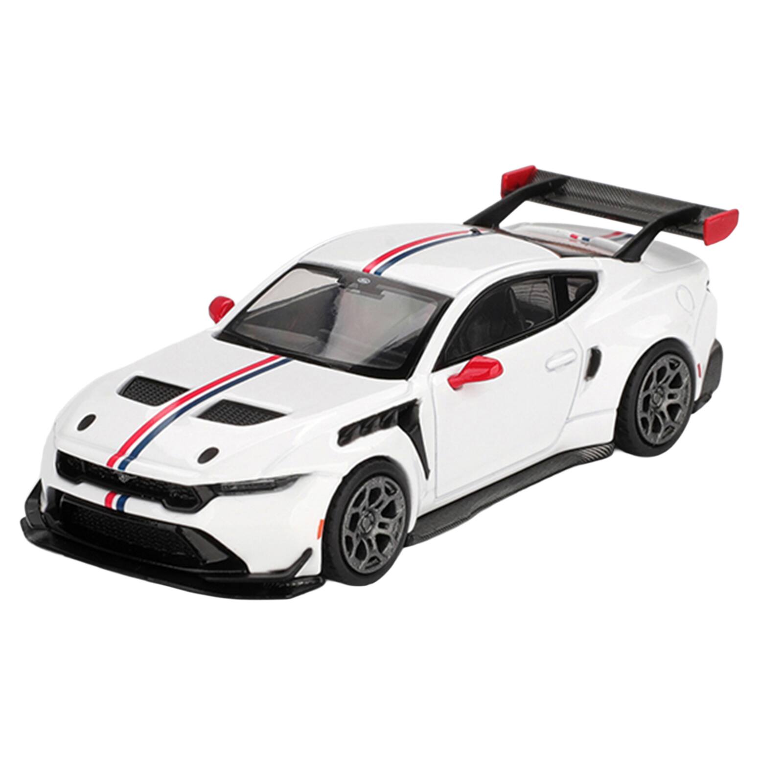 Alt View 1. True Scale Miniatures - Ford Mustang GTD "Spirit of America" White with Red and Blue Stripes Limited Edition 1/64 Diecast Model Car by Mini GT.