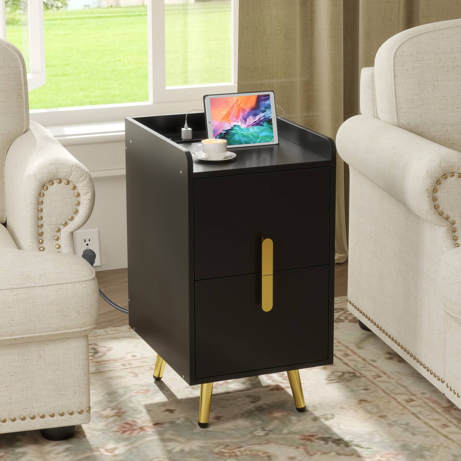 Alt View 4. Gymax - Gymax 2PCS Nightstand w/ Charging Station Home Bedside Sofa Side Tables w/ 2 Drawers - Black.