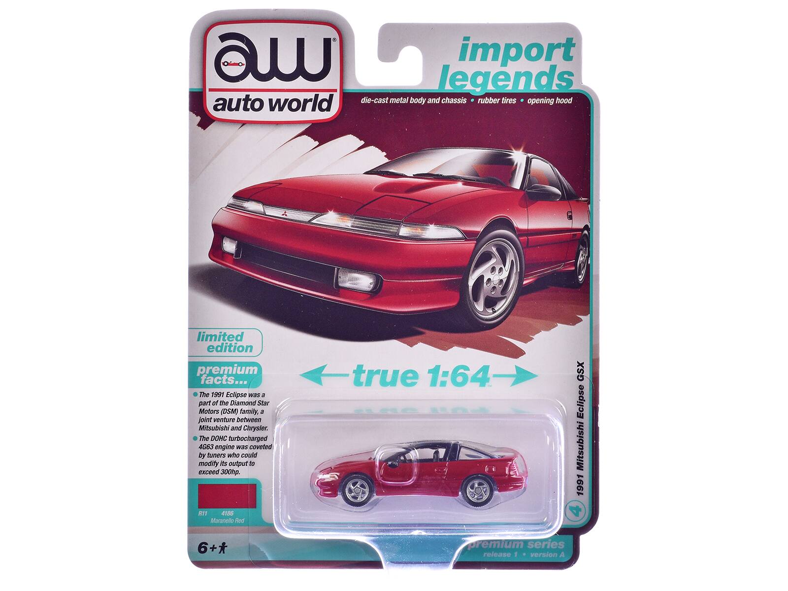a import Legends auto world die-cast metal body and chassis rubber tires opening hood limited edition premium facts... The 1991 Eclipse was a part of the Diamond Star Motors (DSM) family, a joint venture between Mitsubishi and Chrysler. We DOMC turbocharged 4G63 engine was coveted by tuners who could modify its output to exceed 300hp. true 1:64 GSX Eclipse Mitsubishi 1991 E1 4186 Maranello Red 6+* premium series release 1 version A