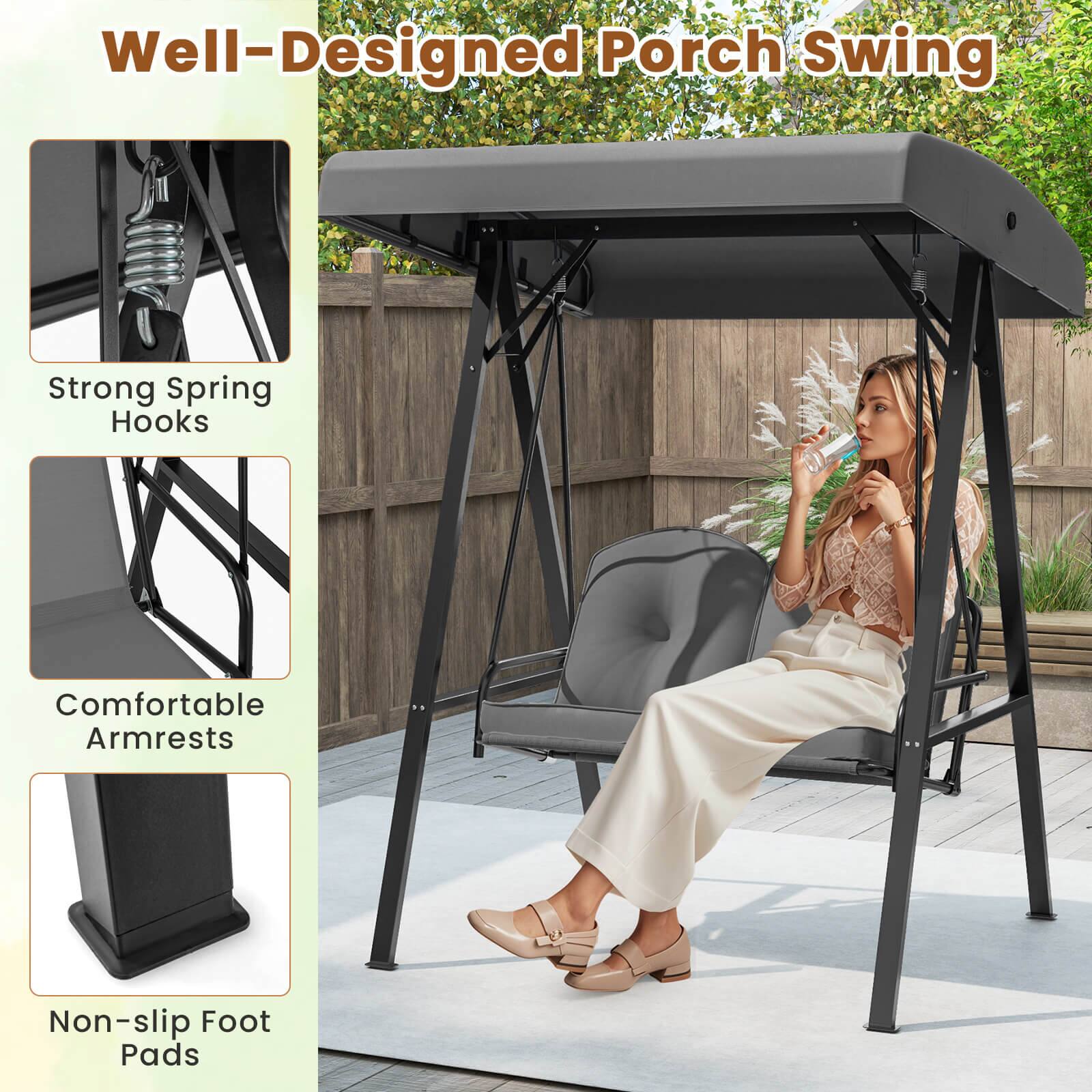 Well-Designed Porch Swing
Strong Spring Hooks
Comfortable Armrests
Non-slip Foot Pads